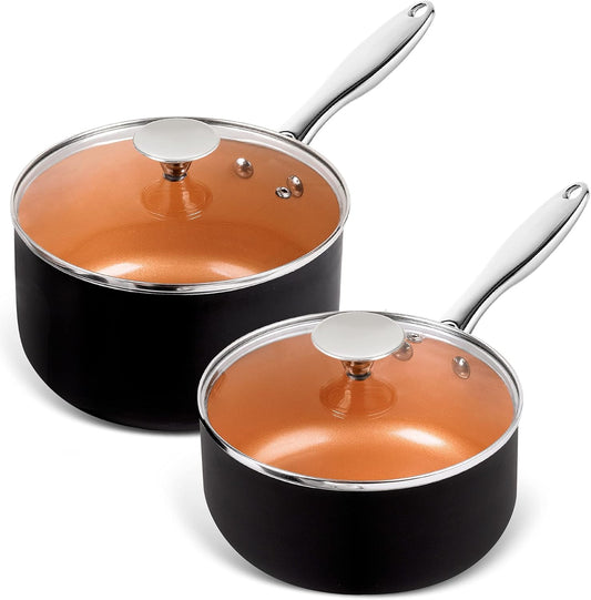 MICHELANGELO Saucepans, 2QT & 3QT Copper Saucepan Set With Non-stick Ceramic Interior For Multipurpose Use, Nonstick Saucepan With Lid, Copper Small Pots 2 Quart & 3 Quart