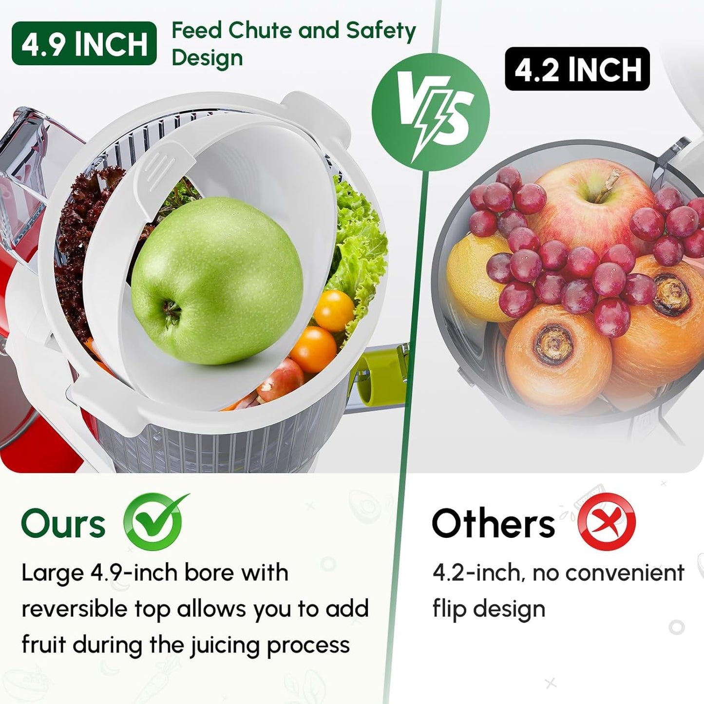 Masticating Juicer Attachment for KitchenAid Stand Mixer, Cold Press Slow Juicer with 4.9" Large Feed Chute for Whole Fruits & Vegetables, Includes 2*1L Measuring Cups for Kitchenaid Mixer Attachments