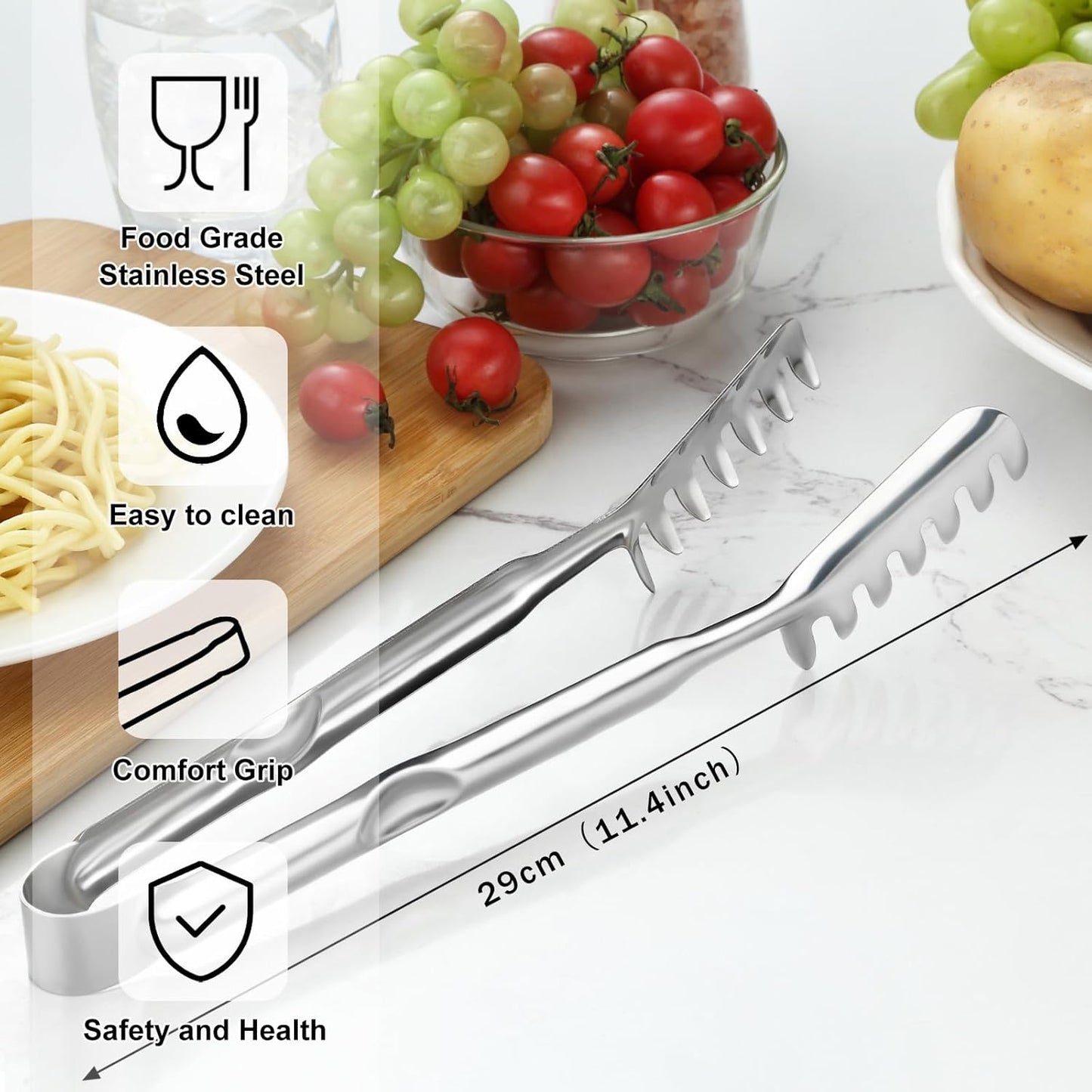 Pleafind 11.4 Inch Pasta Tong, Pasta Tongs with Fluted Handles, Stainless Steel Pasta Tongs, Comfortable and Easy to Grip, Kitchen Pasta Clip,Spaghetti clips for pasta cooking & grilling & baking