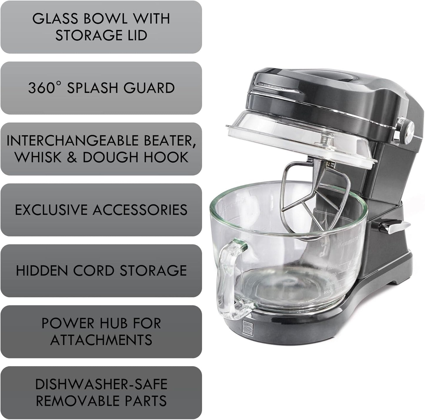 Kenmore 500W Oviation Stand Mixer - 10 Speed Mixing, Tilt-Head, Handheld Glass Bowl With Pouring Top Splash Guard, Flat Beater, Whisk, Dough Hook Attachments Countertop Kitchen Appliance, 5QT Grey