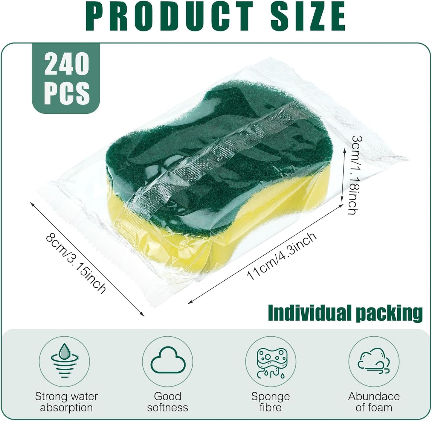 Tanlade 240 Pcs Individually Wrapped Sponges Kitchen Bulk Non Scratch Scouring Sponges for Dishes Household Cleaning Travel Apartments Hotel Car