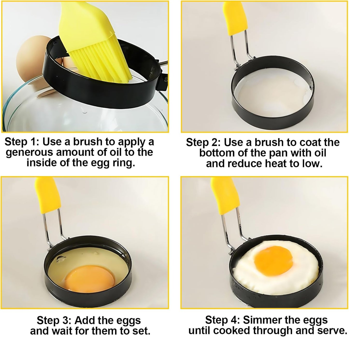 4 Pack Fried Egg Molds Round Stainless Steel Fried Egg Ring with Silicone Handle Perfect for Making Breakfast Sandwiches, Burgers, Pancakes Suitable for Home or Breakfast Carts (3 inch & 4 inch）