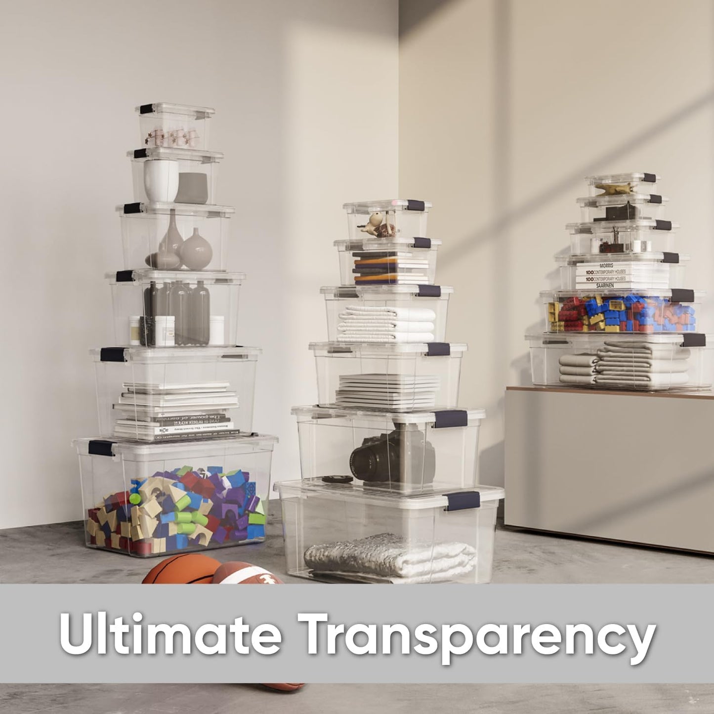 Superio Clear Storage Boxes with Lids, 1.27 Quart Plastic Container Bins for Organizing, Stackable Crates, BPA Free, Non Toxic, Odor Free, Organizers for Home, Office and Dorm, 4 Pack