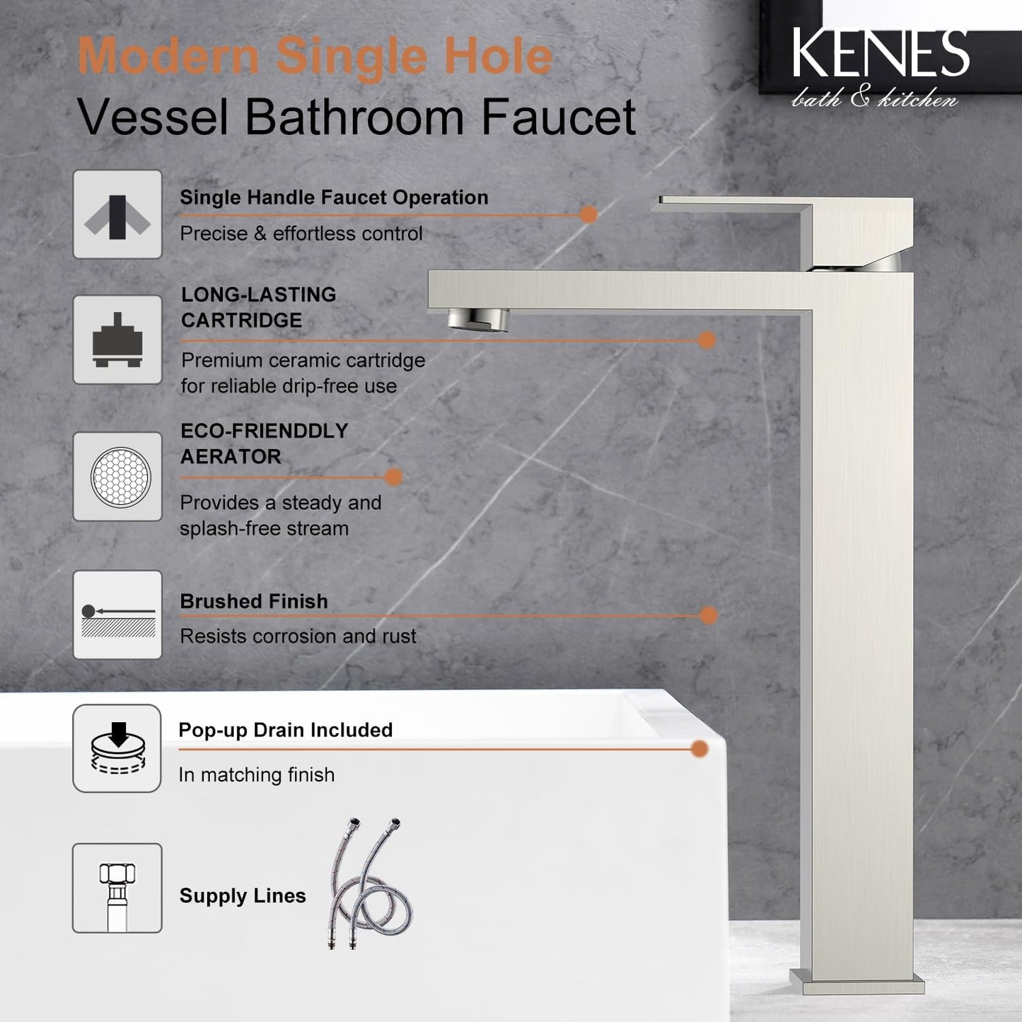 KENES Brushed Nickel Vessel Sink Facuet Single Handle Tall Bathroom Sink Faucet Vanity Bathroom Faucet Basin Mixer Tap with Water Supply Hose and Pop Up Sink Drain, LJ-9031A