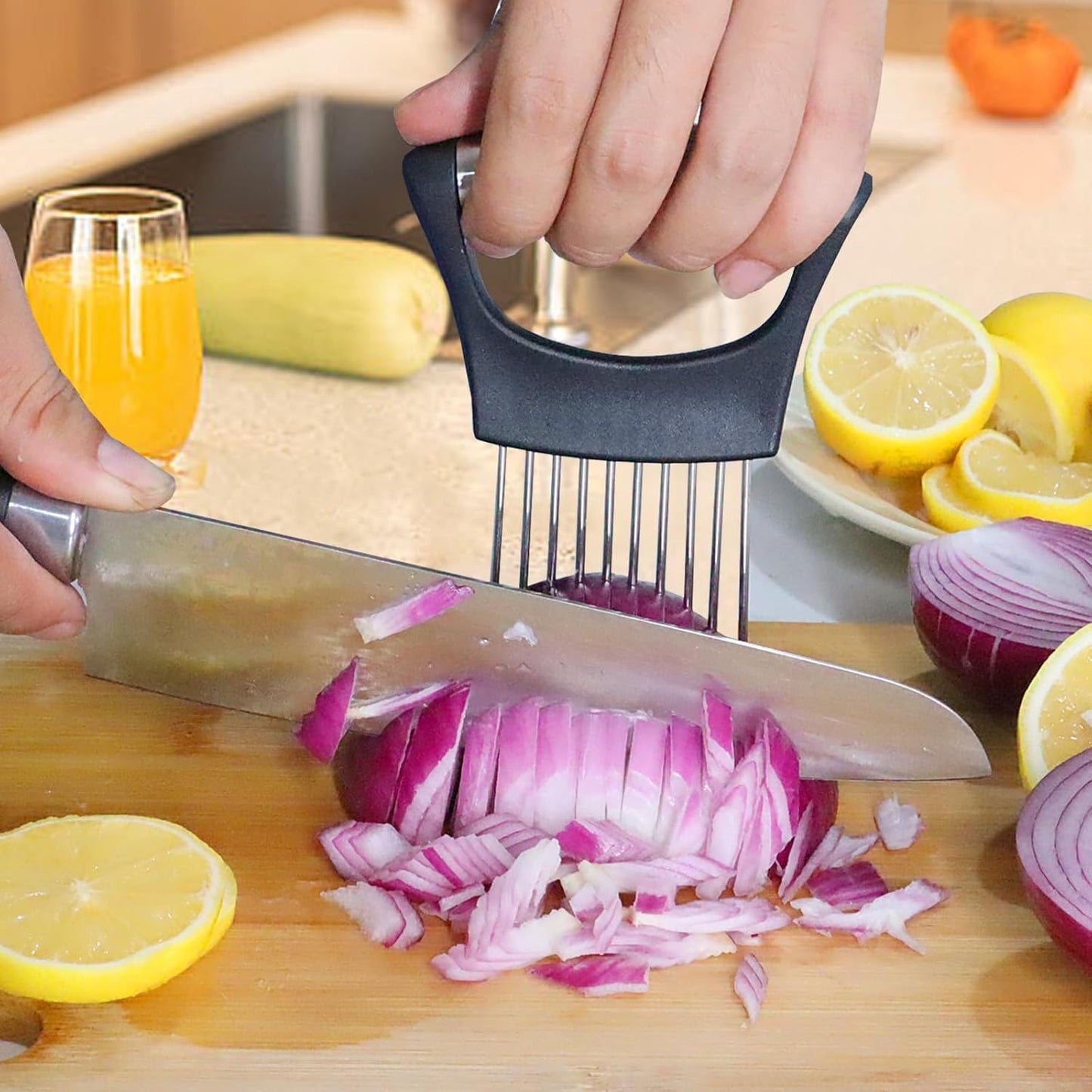 Onion Holder & Cutter, Stainless Steel Food Slicer Assistant Tool, Slice Guide for Vegetables