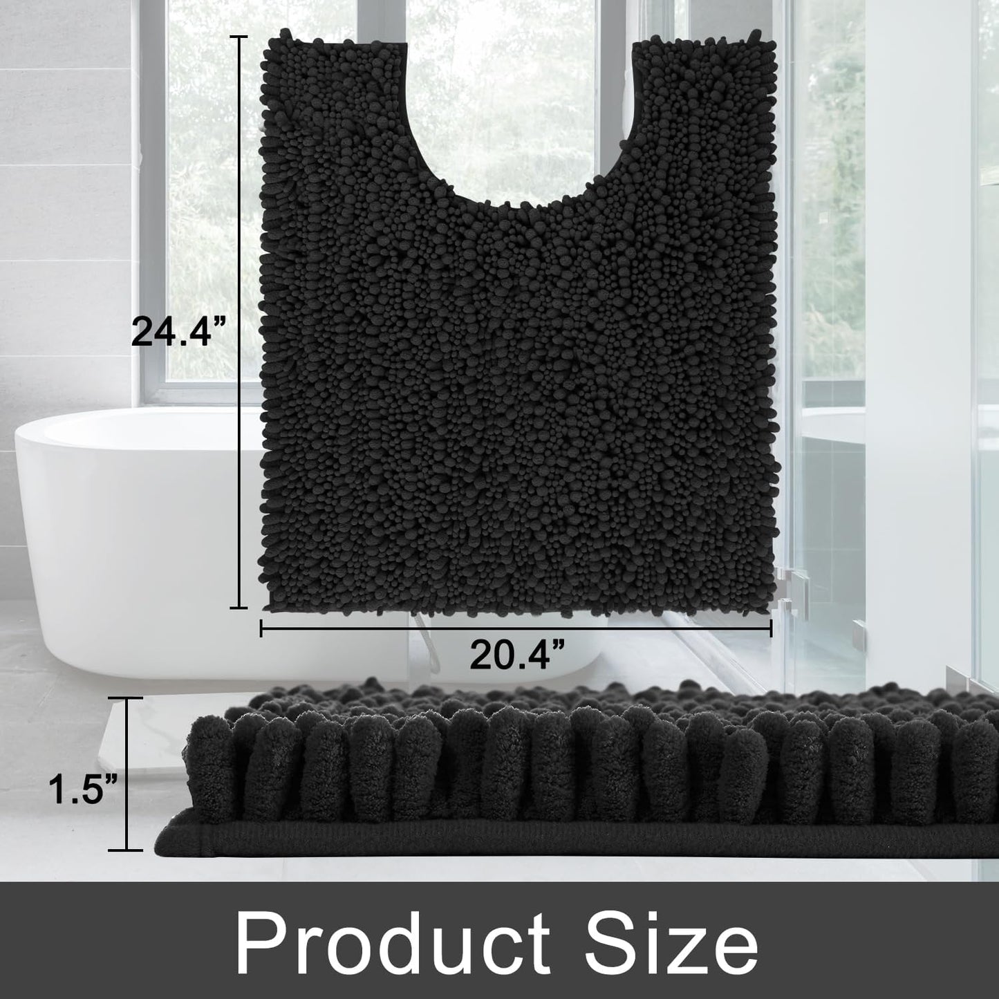 Yimobra Toilet Rug U Shaped Washable 24x20 Inch - Ultra Soft Absorbent Chenille Bath Rugs for Toilet, Quick Dry & Machine Washable, Non Slip Contour Bathroom Mat, Black
