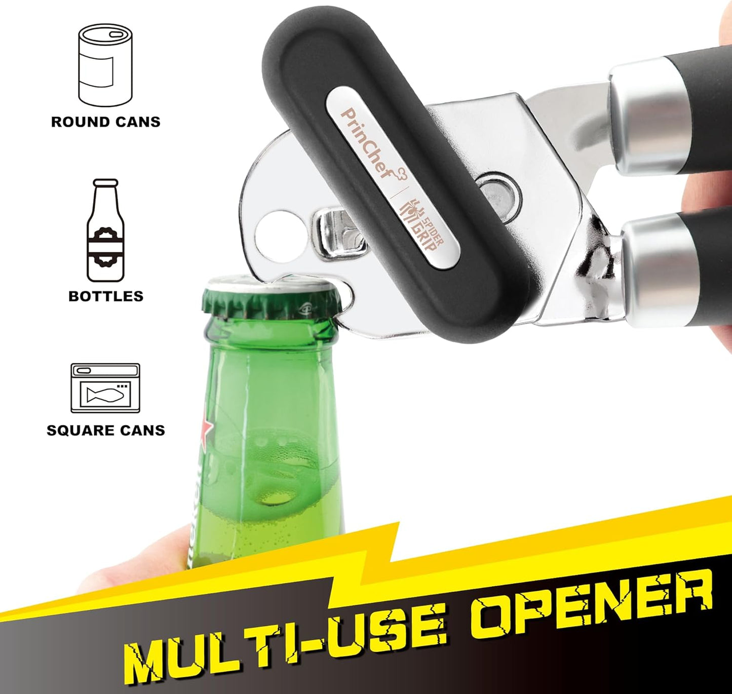 [Smoother Cut] PrinChef Manual Can Opener with Magnet, Improved Handle for More Comfortable Grip, Handheld Can Openers for Seniors, Heavy Duty Can Opener Smooth Edge, Bottle Opener Easy to Use, Black