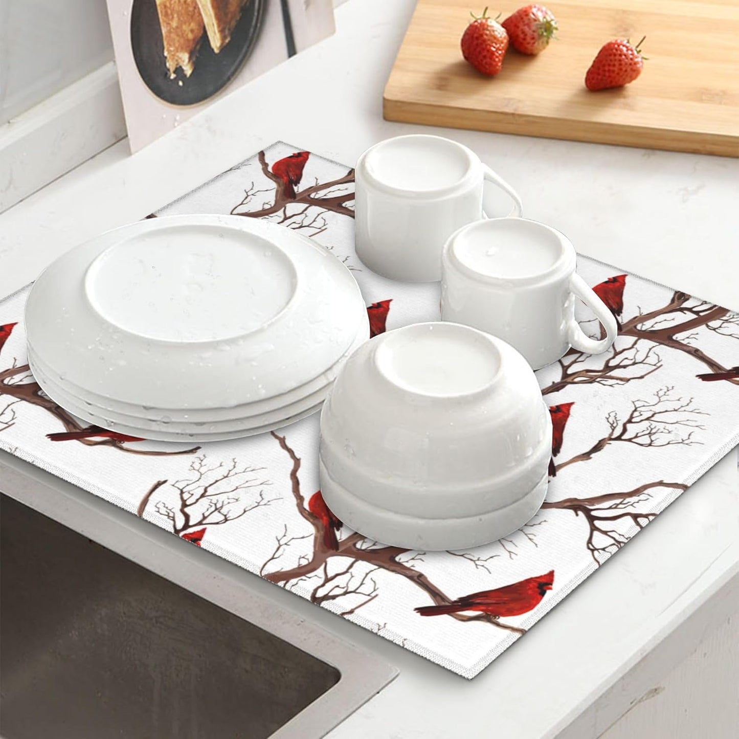 Winter Cardinal Birds Dish Drying Mat for Kitchen Counter Washable Absorbent Drying Mat Reversible Microfiber Drying Pad Home Holiday Decor Kitchen Accessories 16"x18"