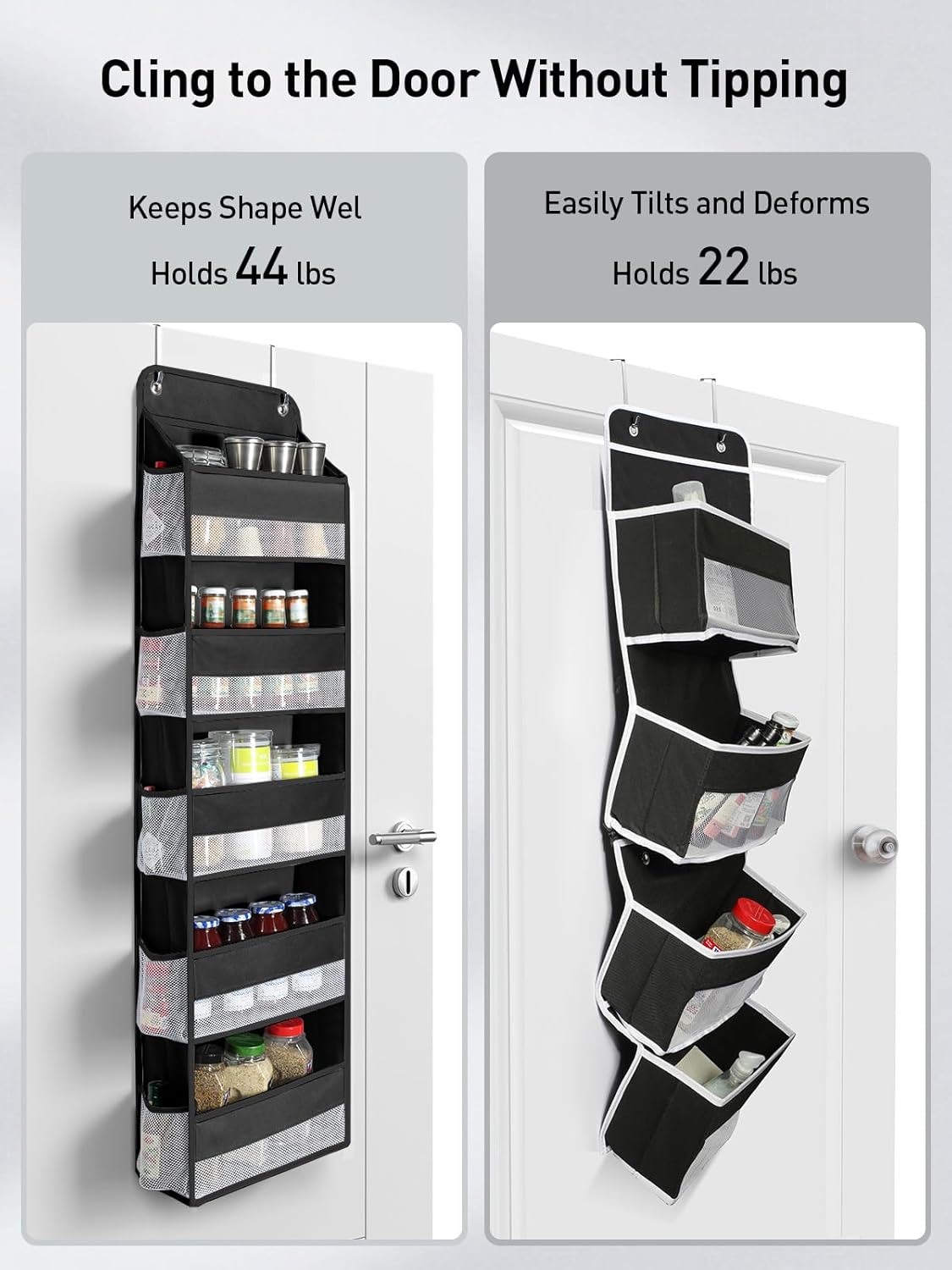 Yecaye 2 Pc Over the Door Organizer with 5 Bins 10 Side Pockets, 44lbs Load Hanging Bathroom and Bedroom Organizer, behind the Door Hanging Organizers for Nursery Newborn Baby Essential Stuff Black