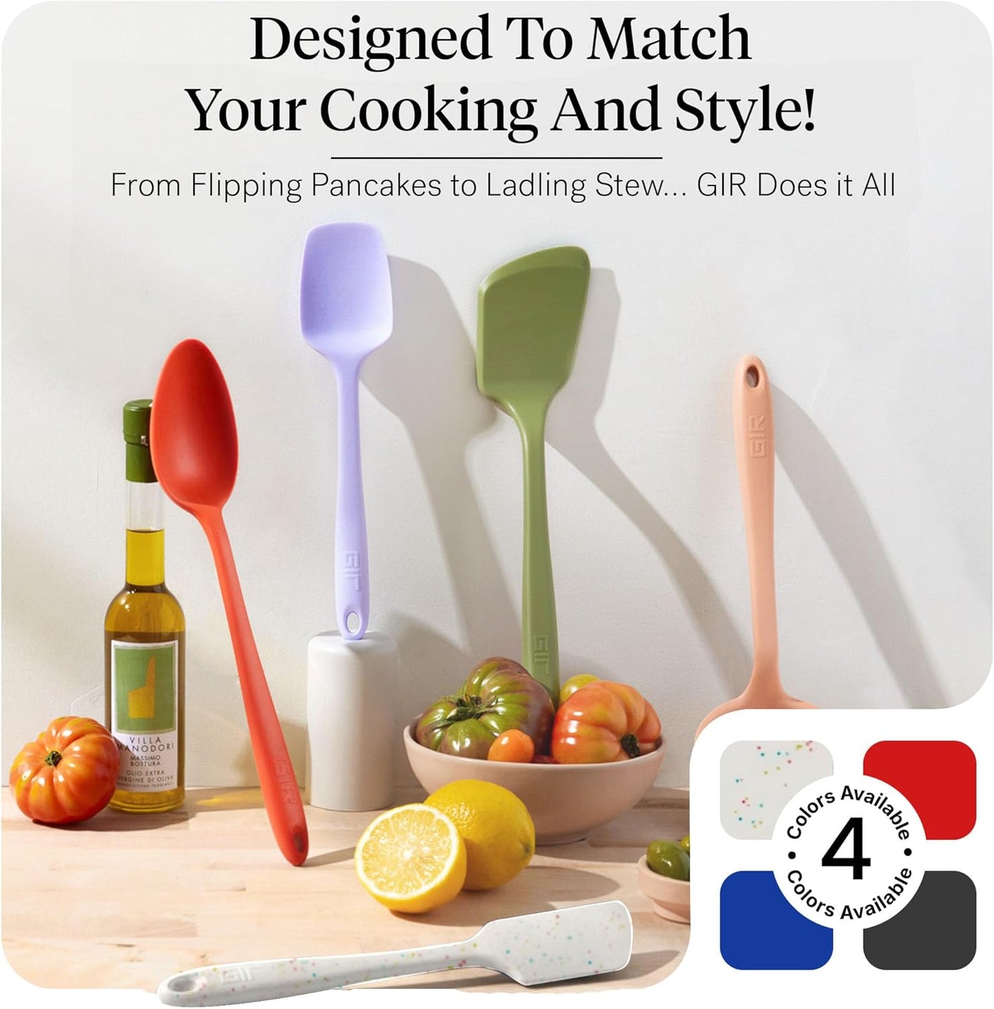 GIR: Get It Right 5-Piece Silicone Essentials Kitchen Utensils Set - Ladle, Spatula, Flip, Spoon & Spoonula - Non-Toxic Cooking Utensils for Nonstick Cookware, Cooking and Baking - Party Confetti