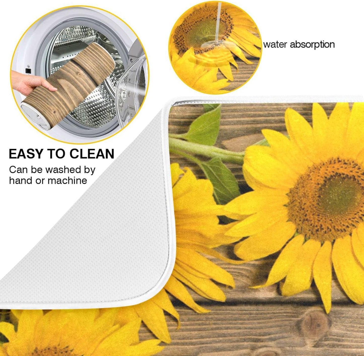 Super Absorbent Dish Drying Mat, Microfiber Fast-Drying Dish Mat, 16" x 18", Kitchen Dish Drying Pad, Sunflowers On The Wooden