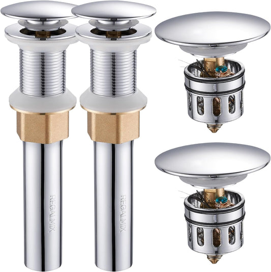 Pop Up Drain Without Overflow, Bathroom Sink Stopper for Vessel Vanity Sink 2 Pack Polished Chrome, All Metal - Big Cap Fit for Vessel or Undermount Sink, RM082A-P2