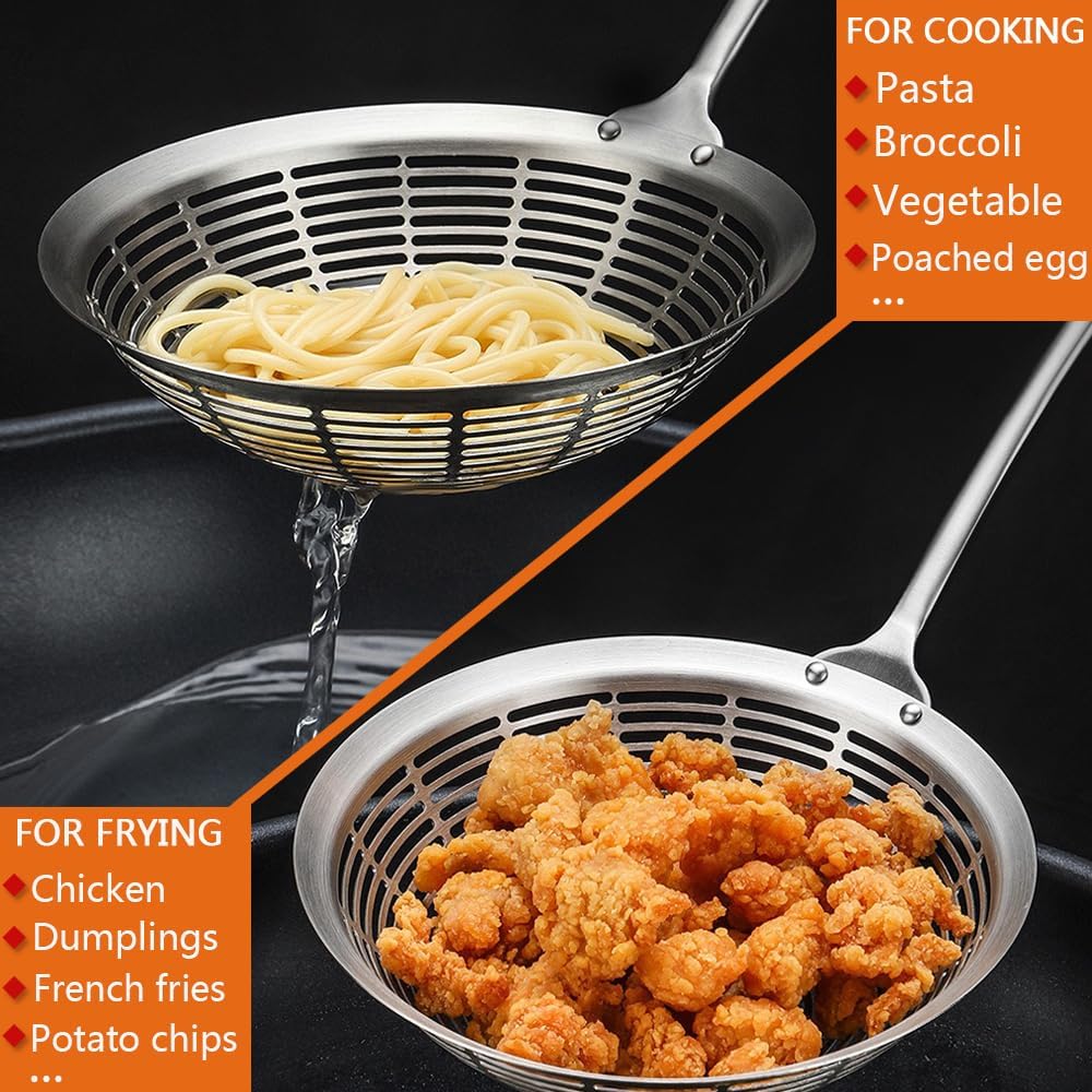 Cooking Skimmer 304 Stainless Steel Spider Strainer Handheld Metal Slotted Spoon With Holes Mesh Ladle For Spaghetti Pasta;Poached Egg;Noodle;Vegetables;Kitchen Frying And Cooking Tools