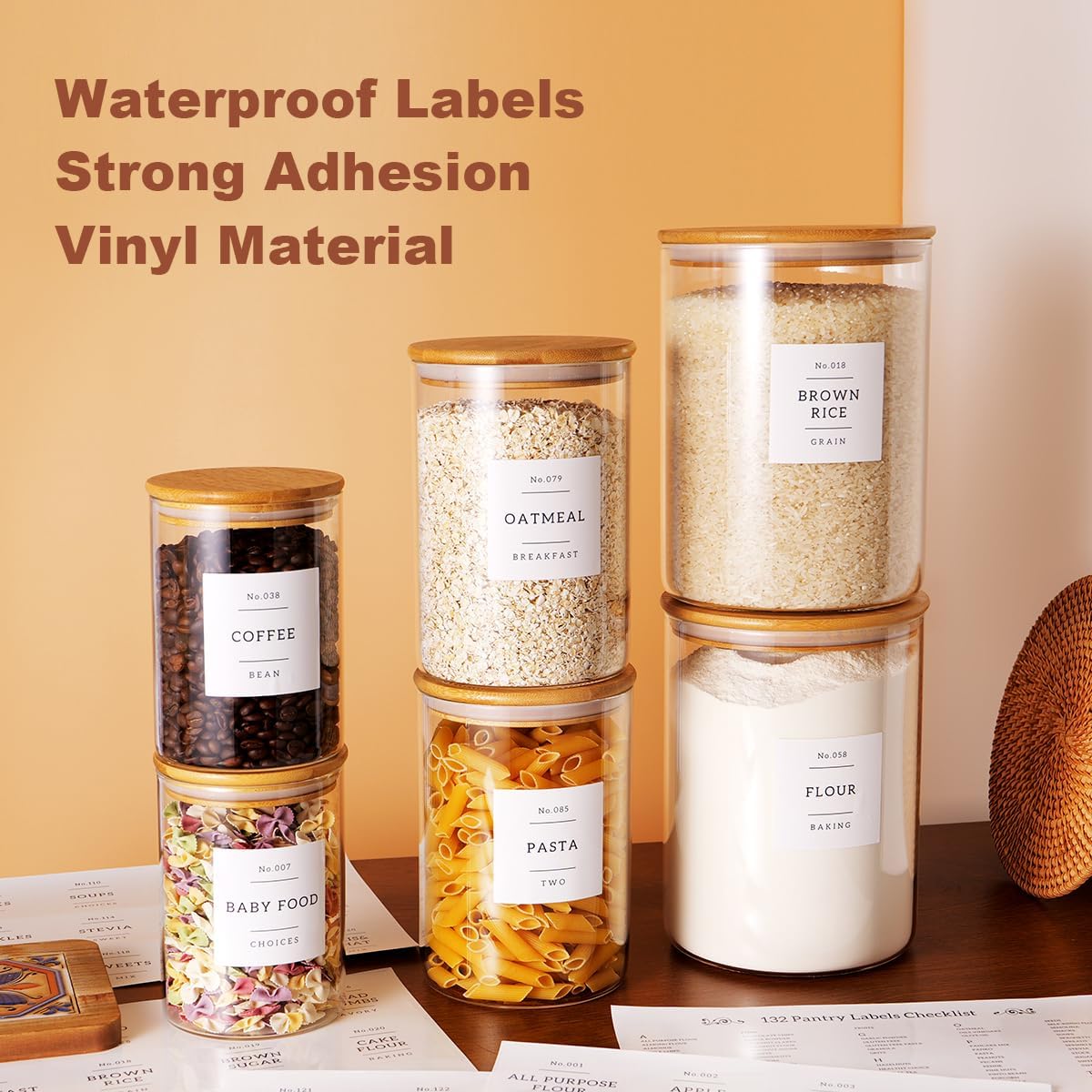 Set of 6 Glass Flour and Sugar jars with 132 Kitchen Pantry Labels - Thicken Large Glass Storage containers with Airtight Bamboo Lid - Glass Rice Canisters for Salt Coffee(100OZ/54OZ/27OZ)