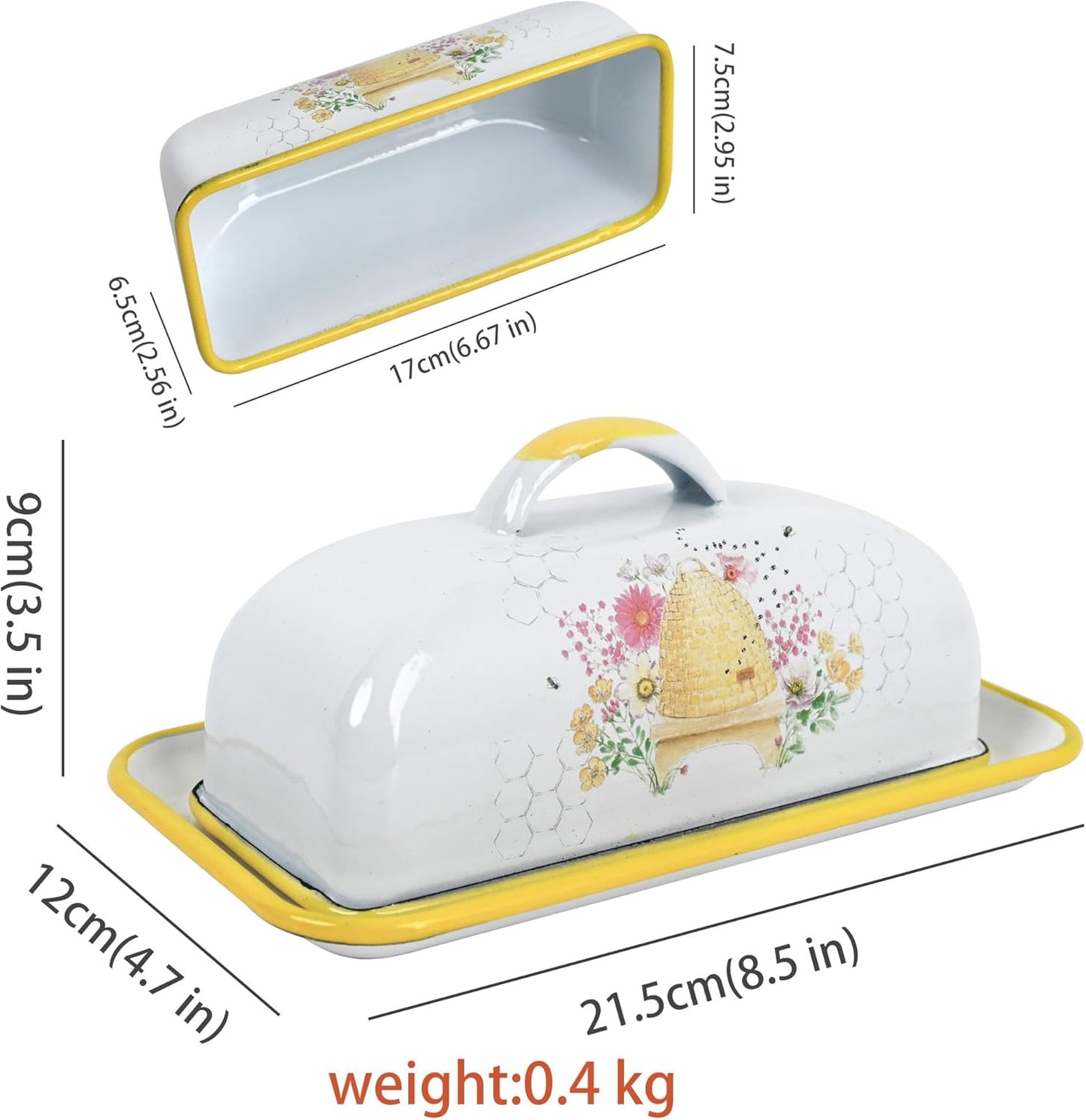 Enamel Butter Dish with Lid Vintage Enamelware Butter Keeper with Flower and Bird Patterns Farmhouse Butter Container Butter holder for Countertop Kitchen Decor(Orange)