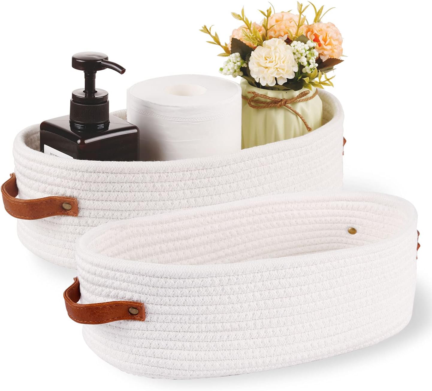 2 Pack Woven Storage Basket for Toilet Tank Top,Farmhouse Home Decor Organizing Baskets for Bathroom,Table and Counter 13"x5.9"x4" White