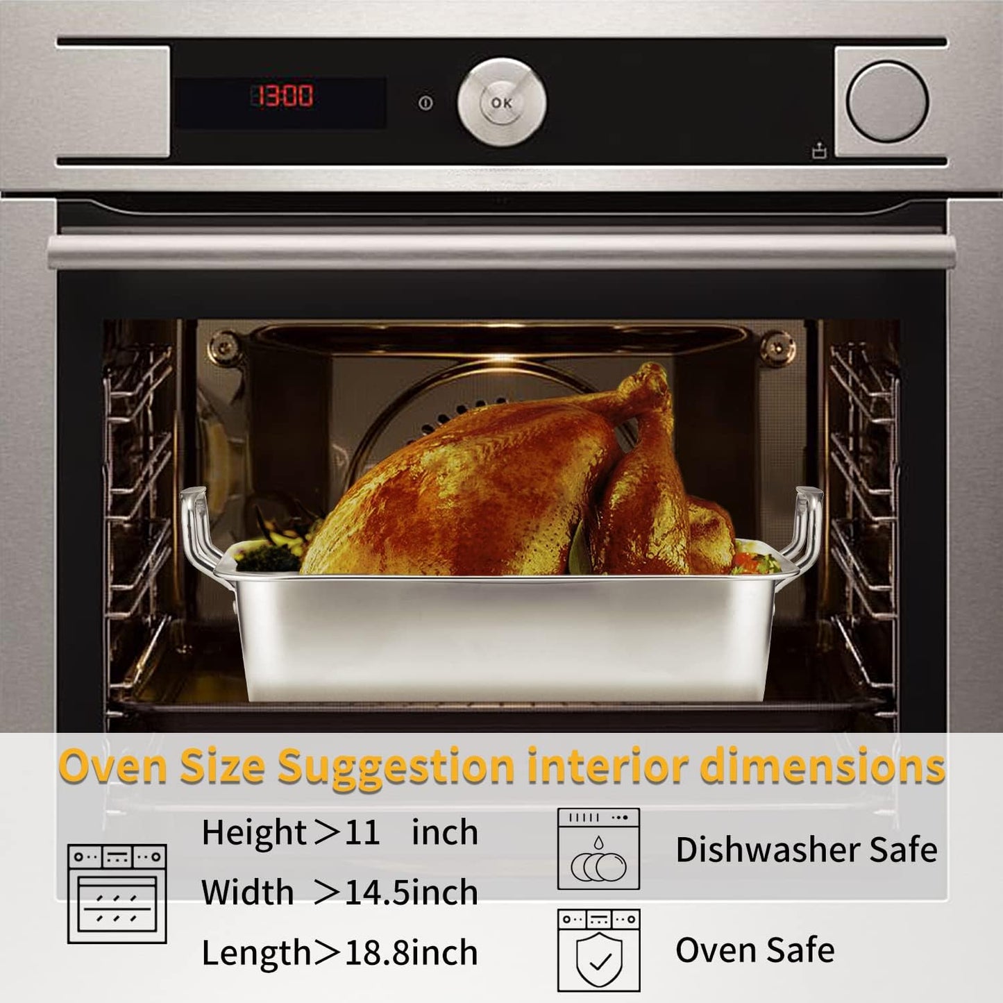 15 Inch Stainless Steel Roasting Pan with Cooling Rack - Turkey, Chicken, Ham Roaster with V-Shaped Baking Rack by Kendane