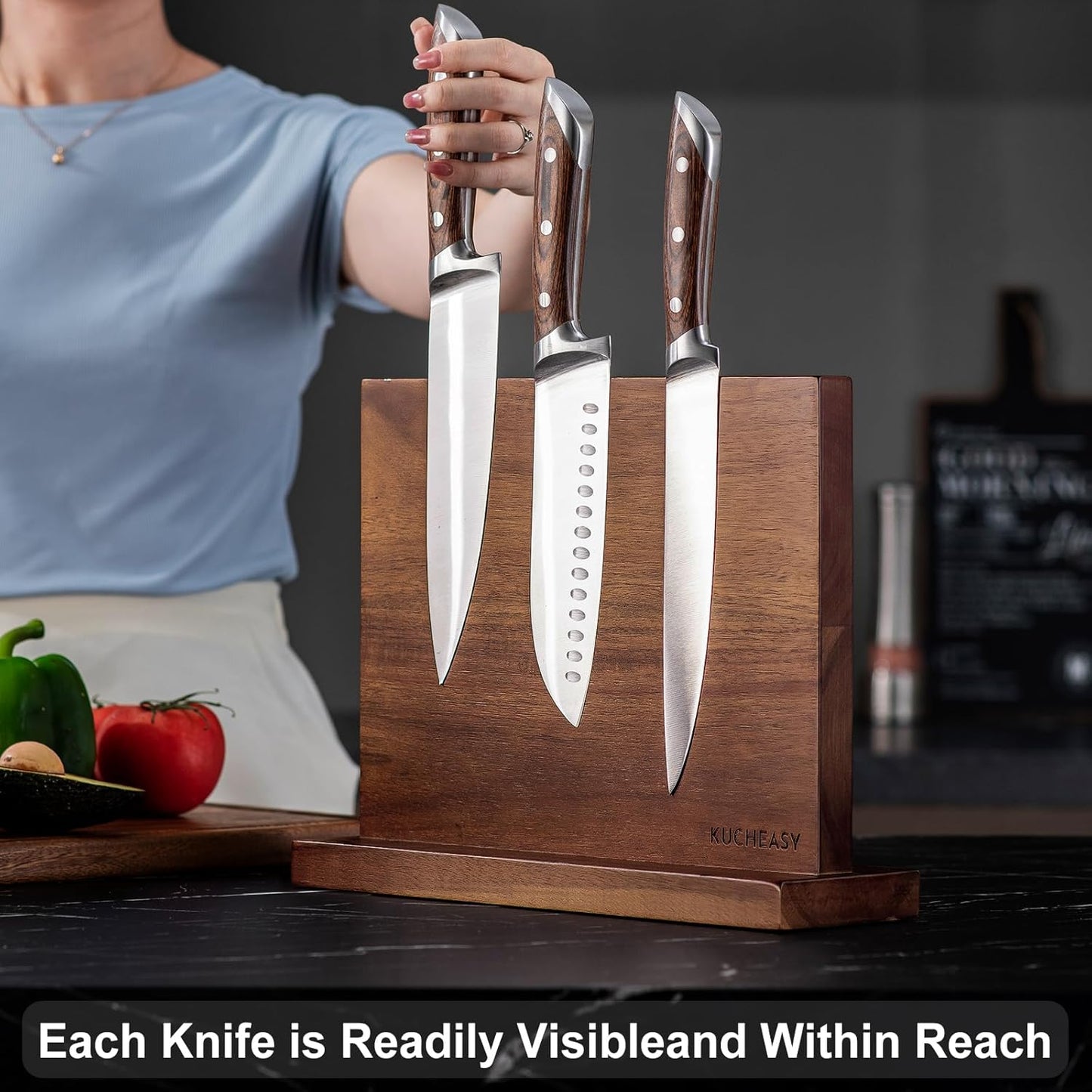 Magnetic Knife Holder - KUCHEASY Double Sided Magnetic Knife Block Without Knives - Wooden Universal Knife Stand Strong Enhanced Magnets -Knife Display Rack for Kitchen Counter Multifunctional Storage