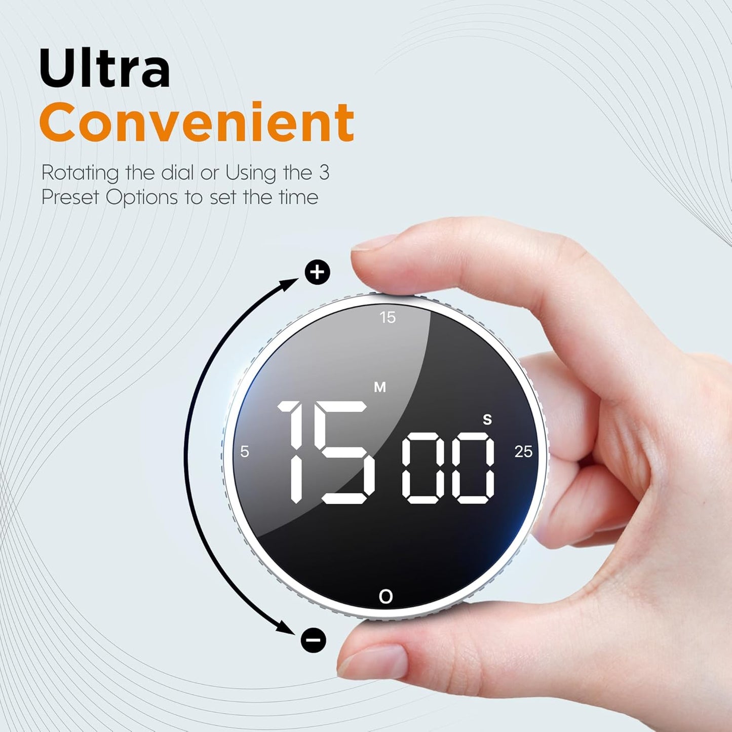 Upgrade Digital Kitchen Timer - Magnetic Countdown Countup Visual Pomodoro Timer with Large LED Display, 3-Preset Times (5, 15, 25), 3 Volume Levels, Ideal for Cooking, Baking and Fitness (1, Silver)