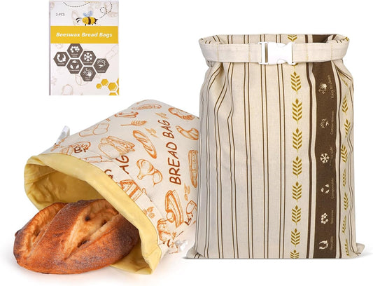 2 Pack Beeswax Bread Bags - Large Reusable Cotton Linen Food Storage Covers for Sourdough & Homemade Bread, Waxed Bags Keep Bread Fresh, Proofing Bag Freezer-Safe, Easy Clean