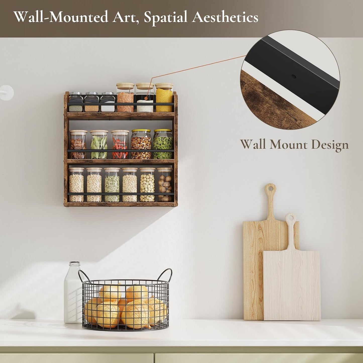 Spice Rack Wall Mounted, Wood 3 Tier Spice Rack for Countertop, Vertical Spice Organizer for Spice Jars and Seasonings, Hanging Spice Shelf for Kitchen Cabinet, or Pantry, Rustic Brown