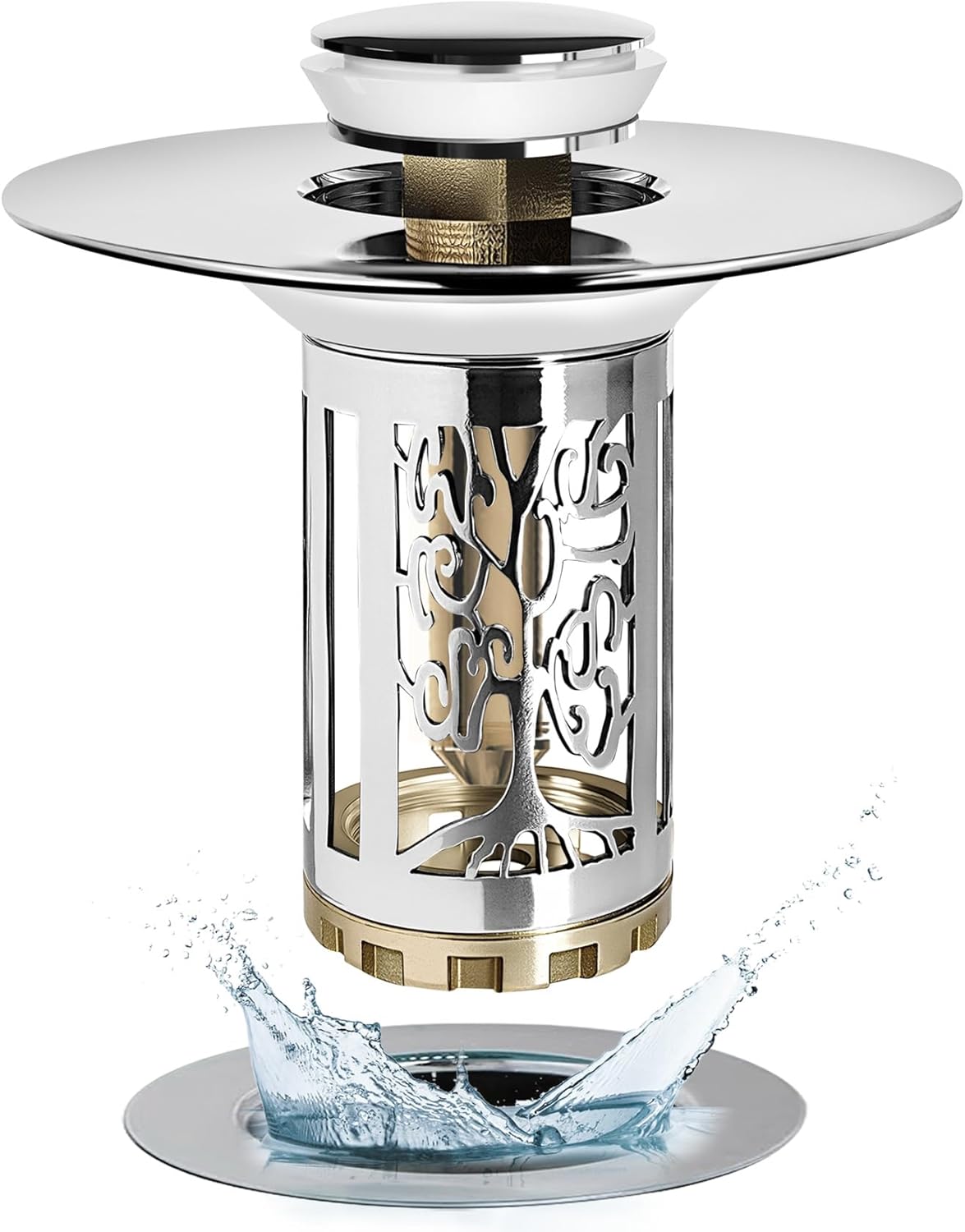 Bathroom Sink Drain Stopper, Bathroom Sink Drain Strainer with Pop Up and Removable Hair Catcher Basket, Universal for 1.06 to 1.6in Sink Drain, Chrome Silver