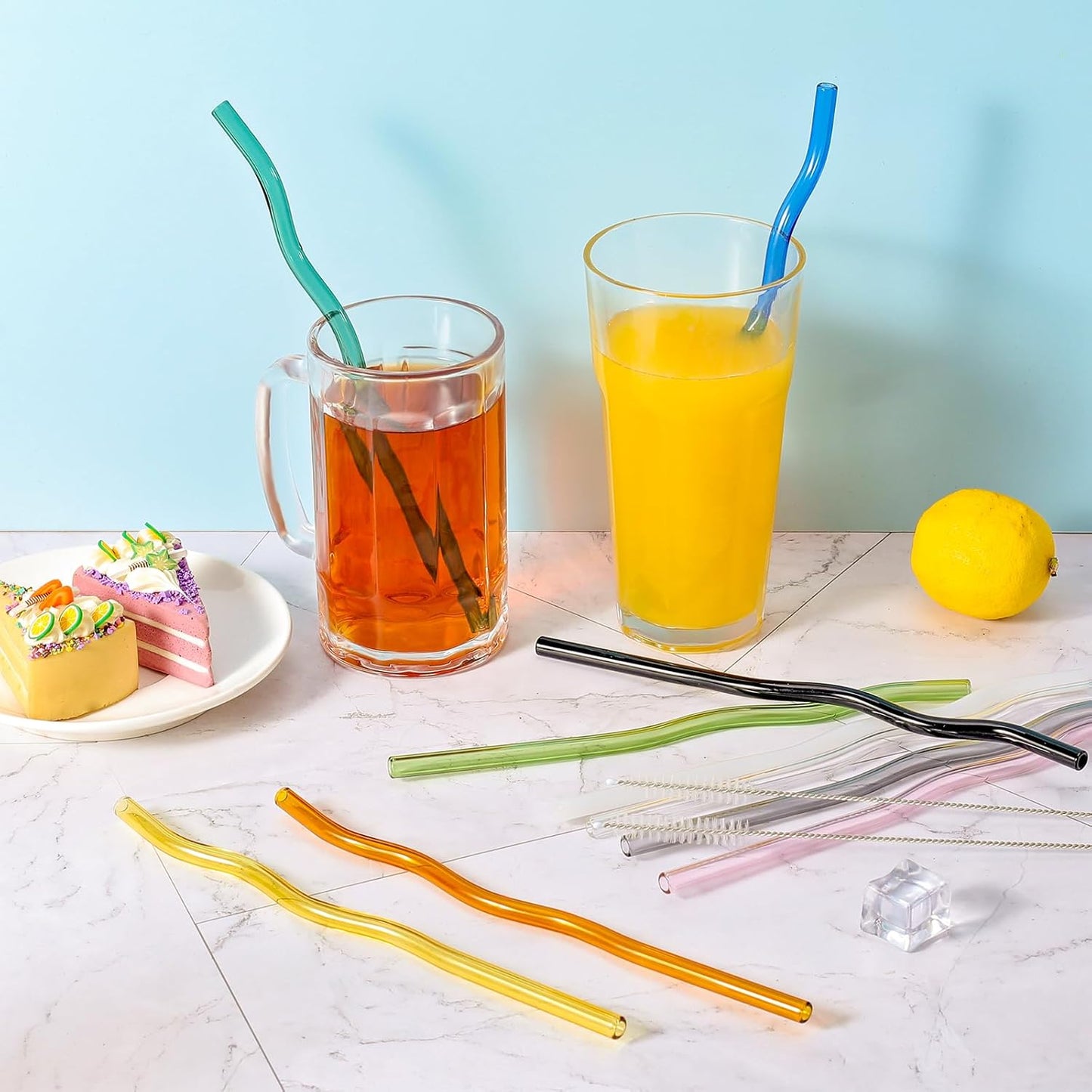 10 Pcs Reusable Wavy Colorful Glass Straws,9''x8 mm Shatter Resistant Cute Drinking Straws with 2 Cleaner Brush for Beverages,Coffee,Juice,Cocktail,Teas