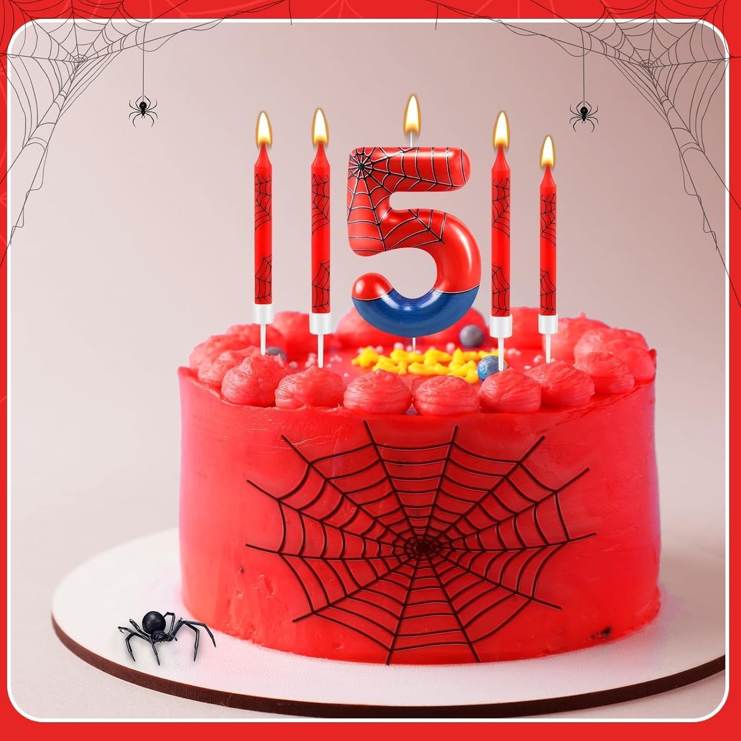 13 Pcs Spider Themed Birthday Candle Set Red Spider Theme Number 5 Candle Cake Topper for Boys Girls Birthday Decoration Spider Party Decoration Supplies (Number 5)
