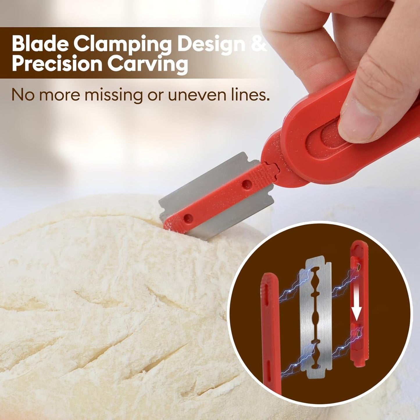 MOJOHAND Bread lame for Dough, Magnetic & Reusable Bread Lame Dough Scoring Tool, Anti-Slip Handle with Long Retractable Razor blades, Sourdough Scoring tool for Bread Making(Red)