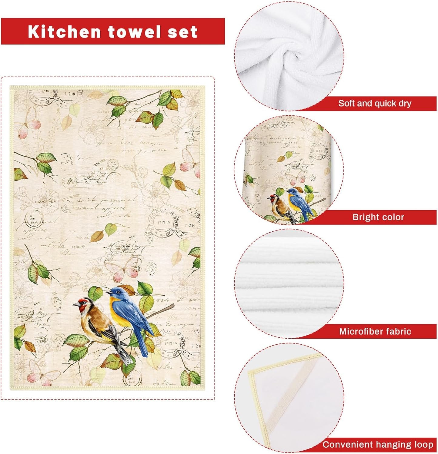 Vintage Bird Kitchen Towels and Oven Mitts Set 4Pcs, Soft Absorbent Dish Cloth Heat Resistant Oven Gloves for Cooking Baking Kitchen Decoration, Gifts for Her