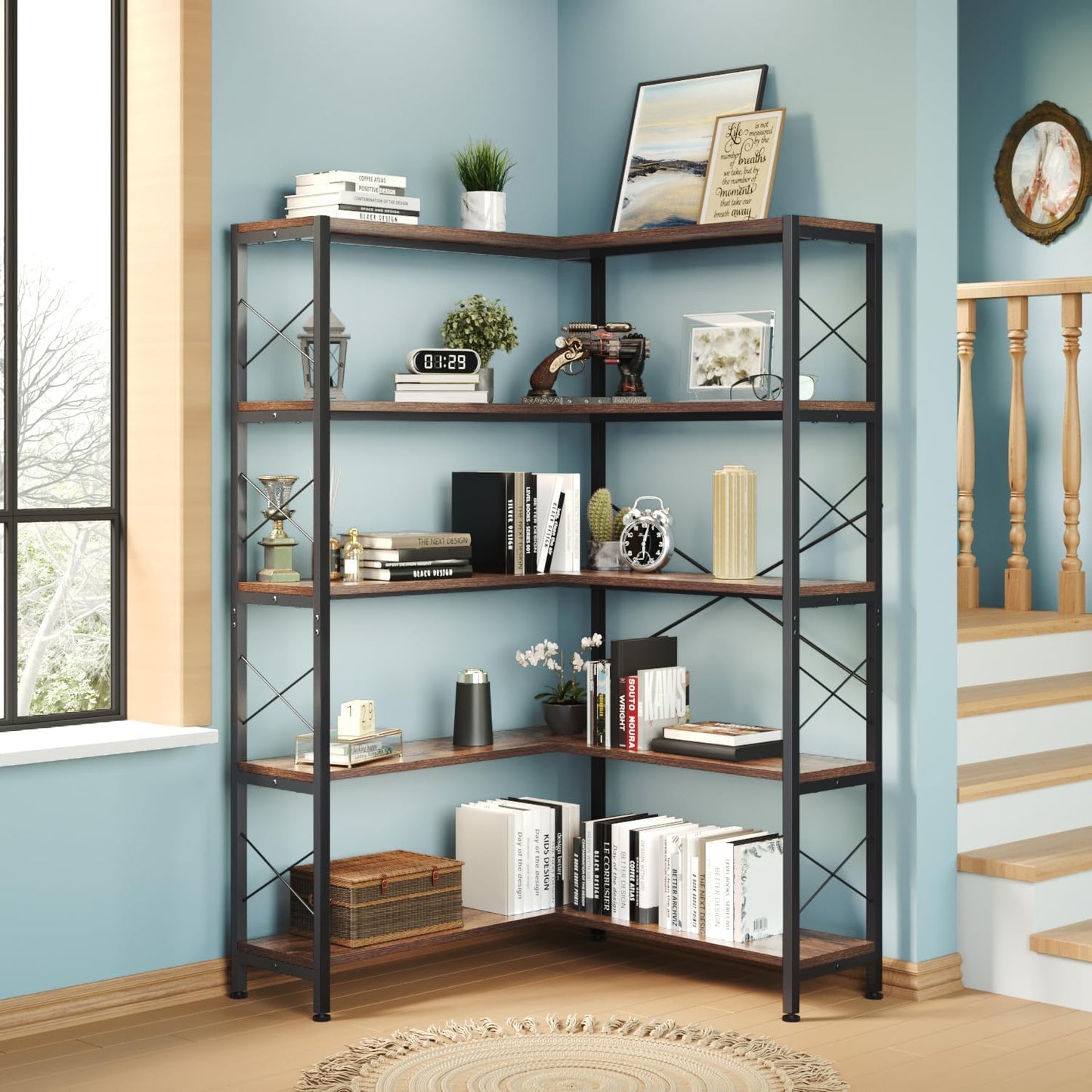 5-Shelf Corner Bookshelf, Vintage Industrial L-Shaped Bookshelf Etagere Bookcase, Large Book Shelf with Metal Frame Open Storage Corner Cabinet (Retro Brown-5 Shelf)