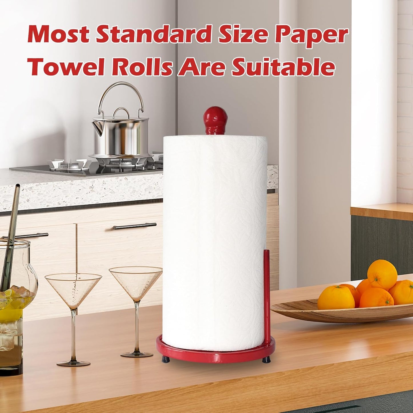 Vintage Paper Towel Holder Countertop - Cast Iron Standing Roll Paper Towel Dispenser with Elegant and Heavy Daffodil Pattern Base for Kitchen Décor, Red