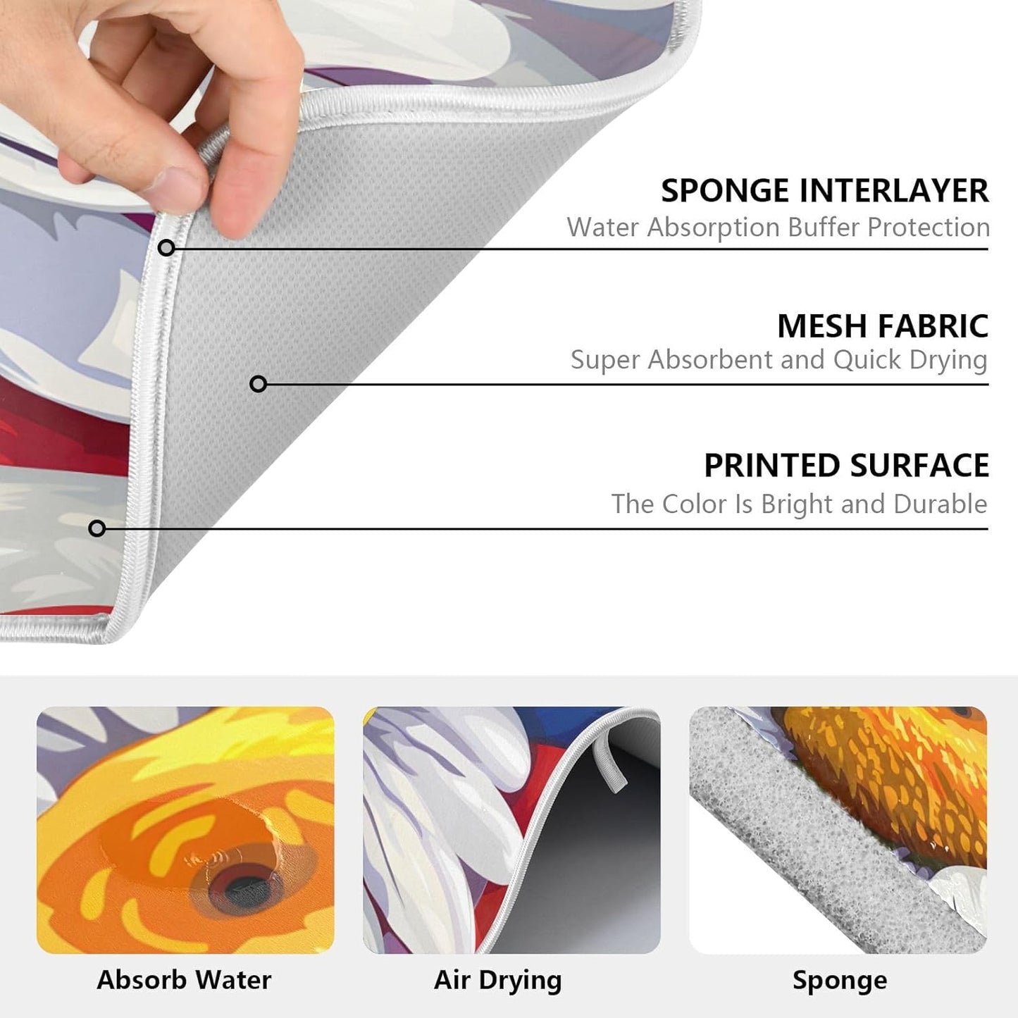 Daisy Flowers and American Flag Dish Drying Mat for Kitchen Counter Absorbent Microfiber Large Drying Pad Dish mats for Kitchen Countertops 18 x 24 Inch