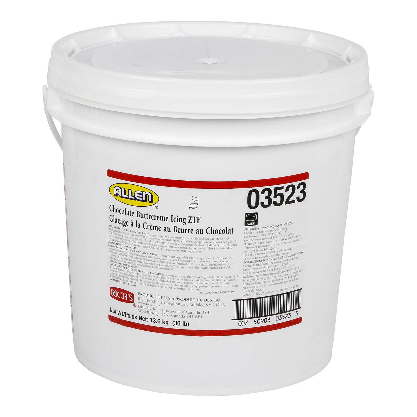 Rich's JW Allen Pre-Whipped Chocolate Buttercreme Icing ZTF, 30 lb