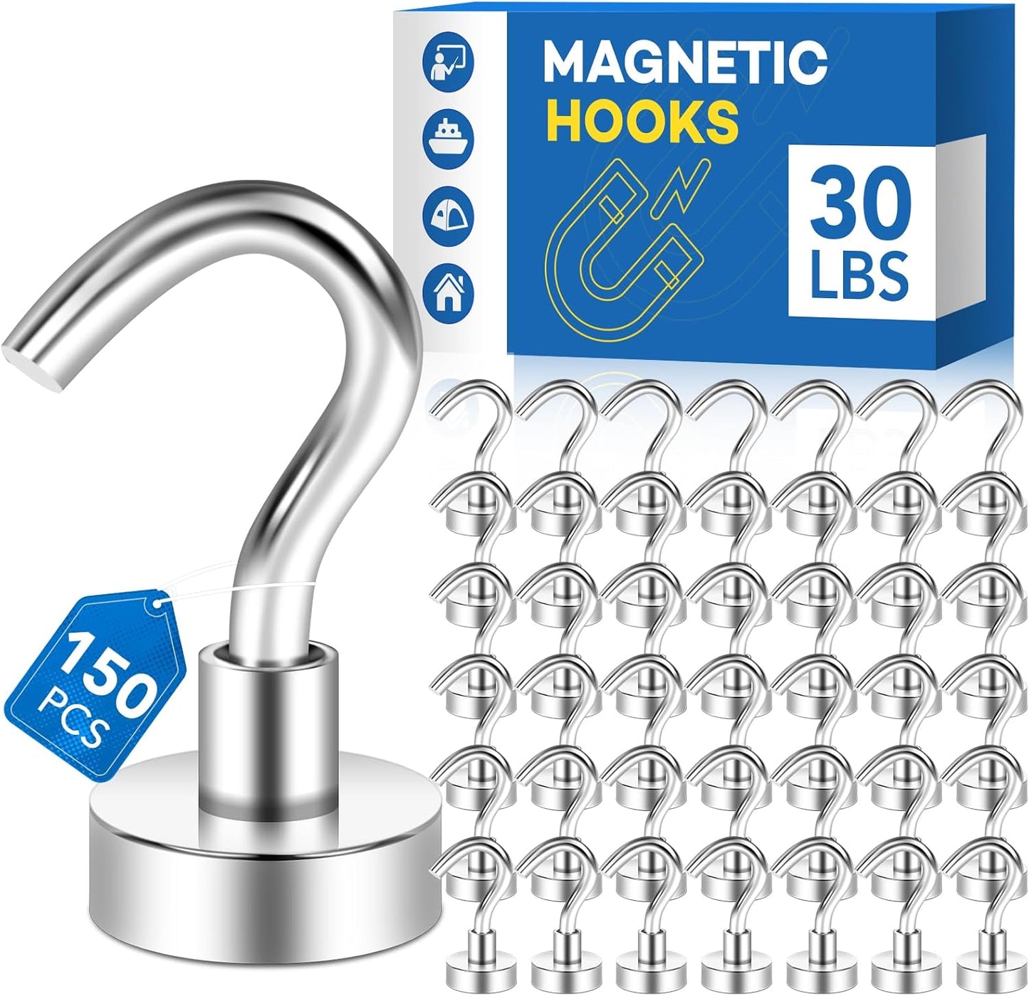 LOVIMAG Strong Magnetic Hooks, 30Lbs Magnetic Hooks Neodymium Magnets with Hooks for Refrigerator, Magnetic Cruise Hooks for Hanging, Classroom, Office, and Kitchen - Pack of 150