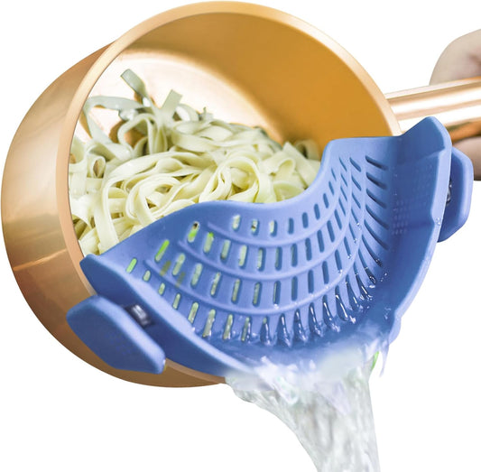 AUOON Clip on Strainer for Pots and Pans - Silicone Food Strainer for Draining Pasta, Spaghetti, Noodles, Fruits, Vegetables, Grease, Ground Beef (Blue Velvet)