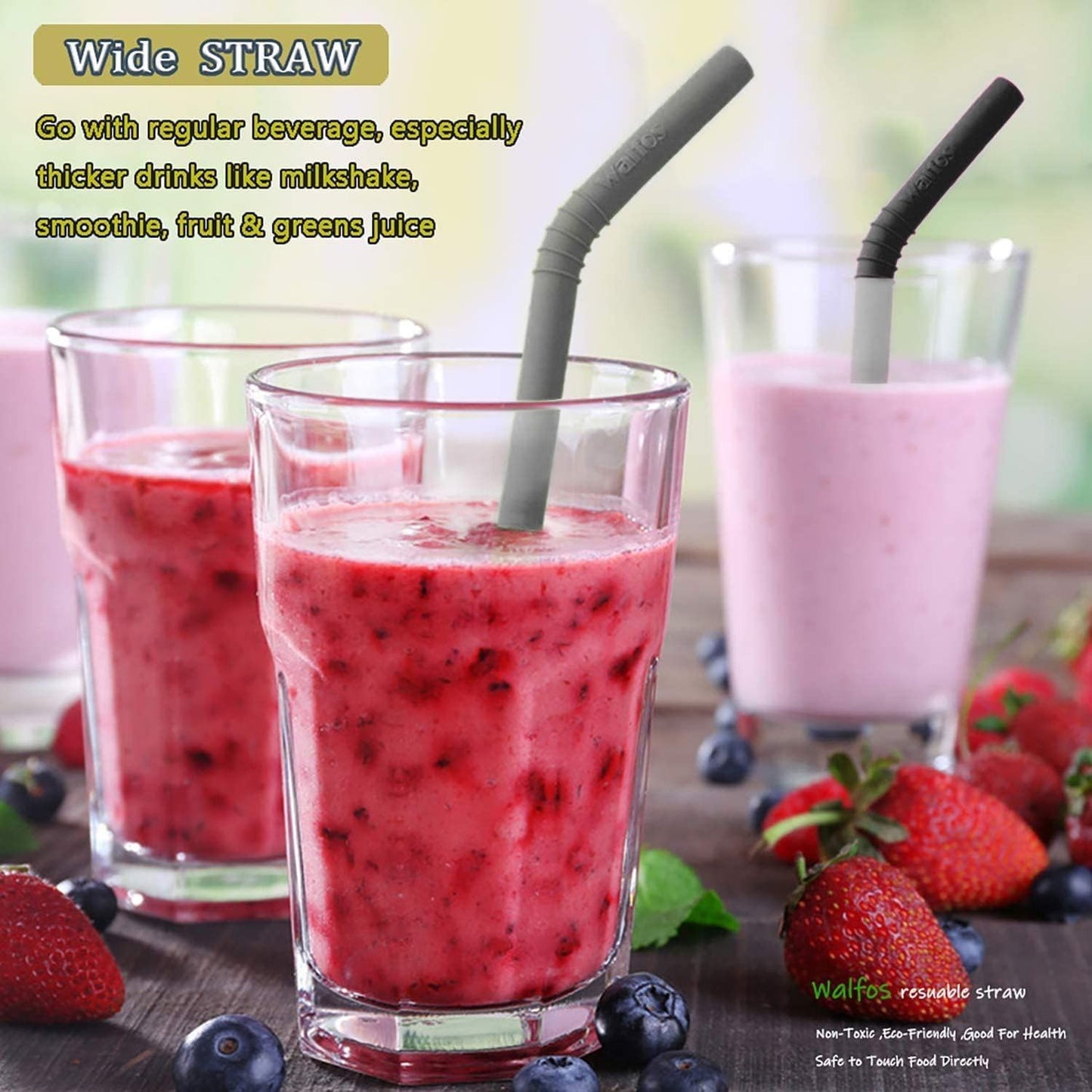 Walfos Silicone Straws - Reusable straws Bendy straws for Smoothies/20 & 30 oz Tumblers, BPA Free. 2 Size (3pcs Wide S + 3 pcs Regular + 2 Cleaning Brushes）