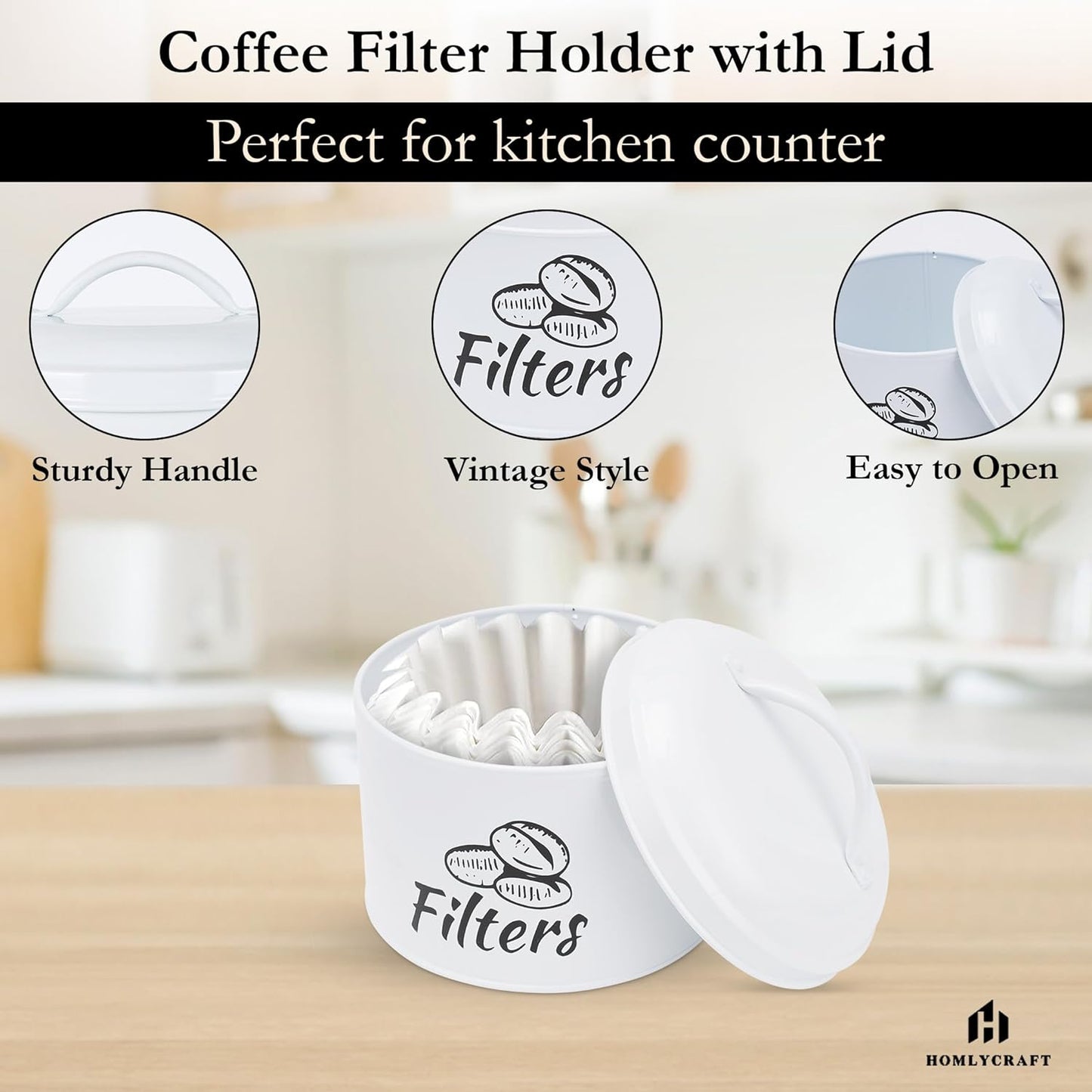 Coffee Filter Holder with Metal Lid – Coffee Filter Container for Countertop – Modern Organizer for Cone Filters – Coffe Bar Accessory for Kitchen Decor (white)