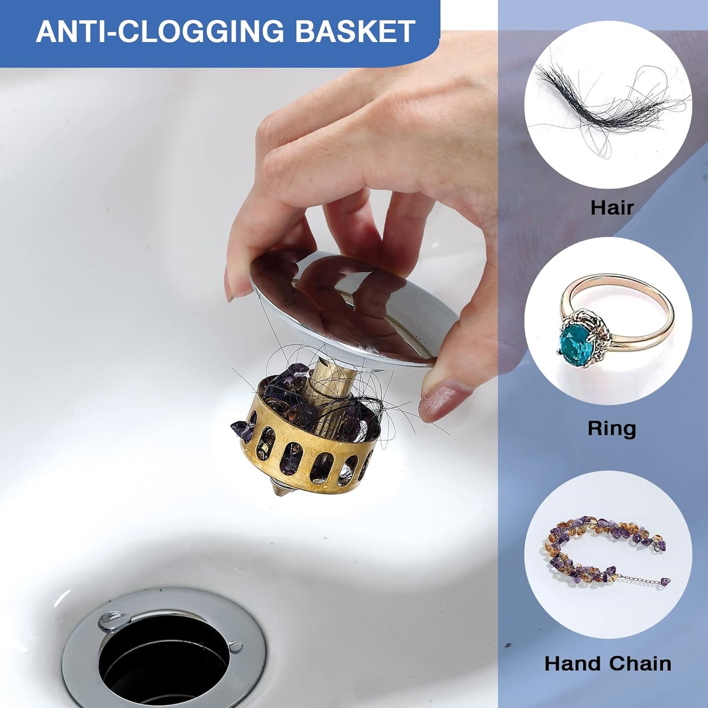 Stainless Steel Pop up Drain for Bathroom Sink Inst Sink Drain with Detachable Basket, Polished Chrome Drain Component with Overflow Bathroom Sink Drain