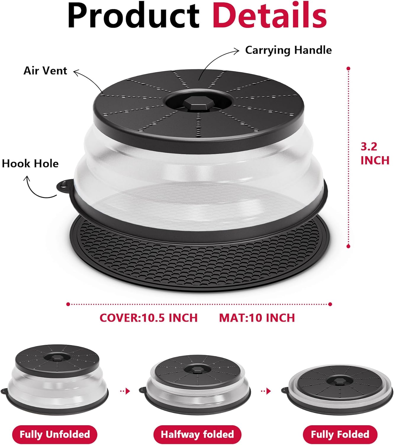 WVM Microwave Splatter Cover & Mat, Vented Collapsible Splatter Guard dish Plate lid & Silicone Round Kitchen Mat for Food, Meal Prep, Black