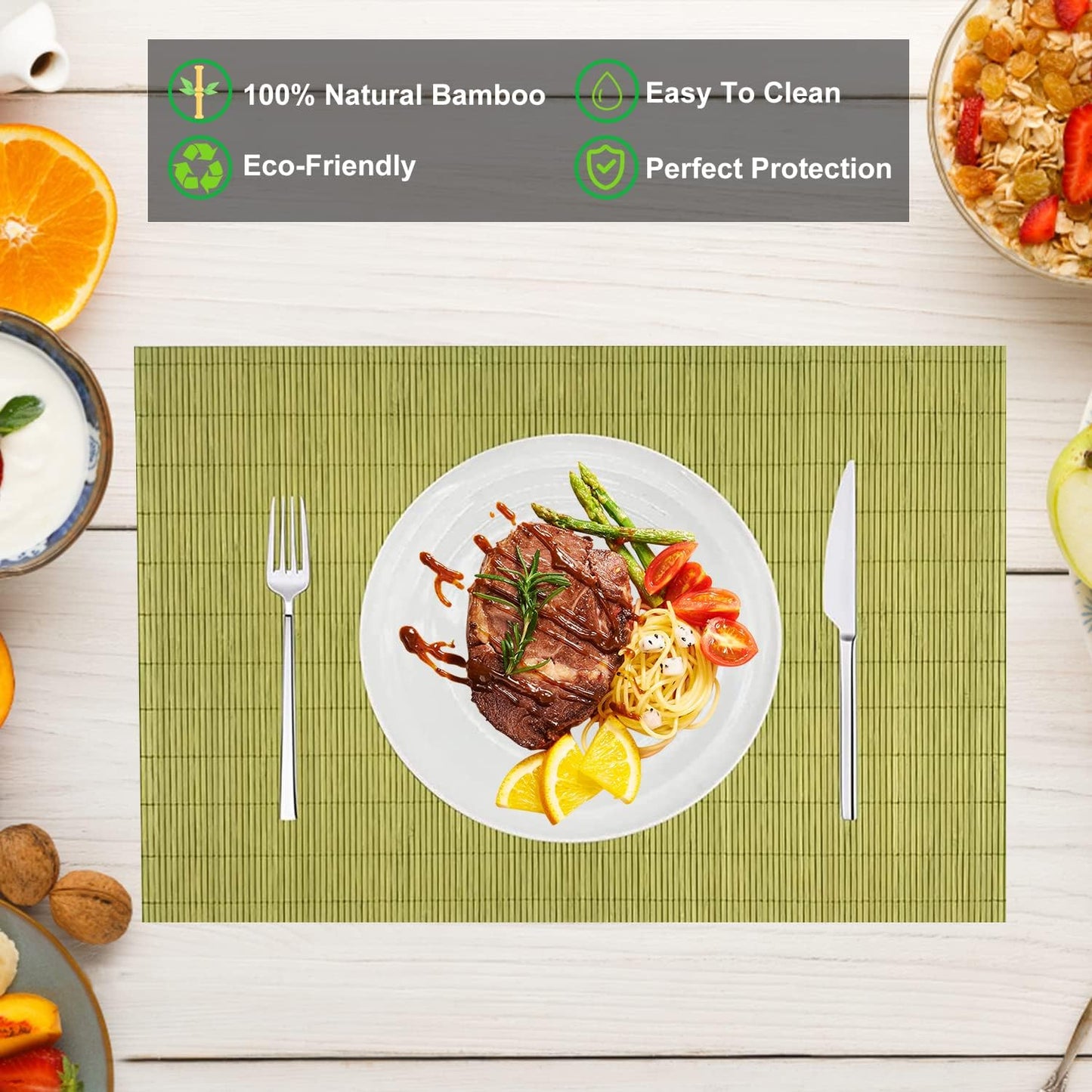 ANDSTAR Set of 8 Pcs Bamboo Placemats Sushi Rolling Mat Japanese Style Natural Anti-Slip Bamboo Placemats Washable Heat-Resistant Table Mats for Dining Room and Kitchen（Green）