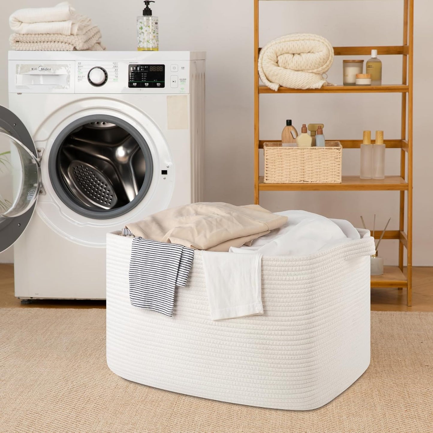 95L Large Storage Basket, Cotton Rope Woven Blanket Basket, Toy Storage for Baby Room, Living Room, 24" x 16.9" x 14.2", White