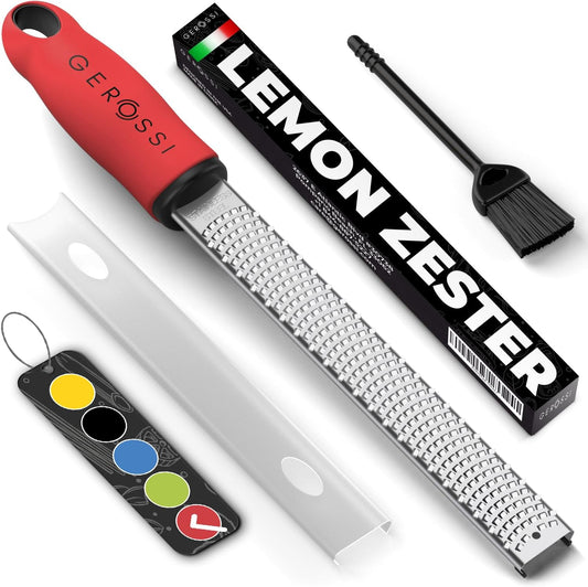 Stainless Steel Cheese Grater & Lemon Zester w/Extra Sharp Blade - Perfect for Lemon, Parmesan, Garlic, Chocolate - Spice Up any Dish in Seconds w/Your Premium Citrus Hand Grater with Handle - Red