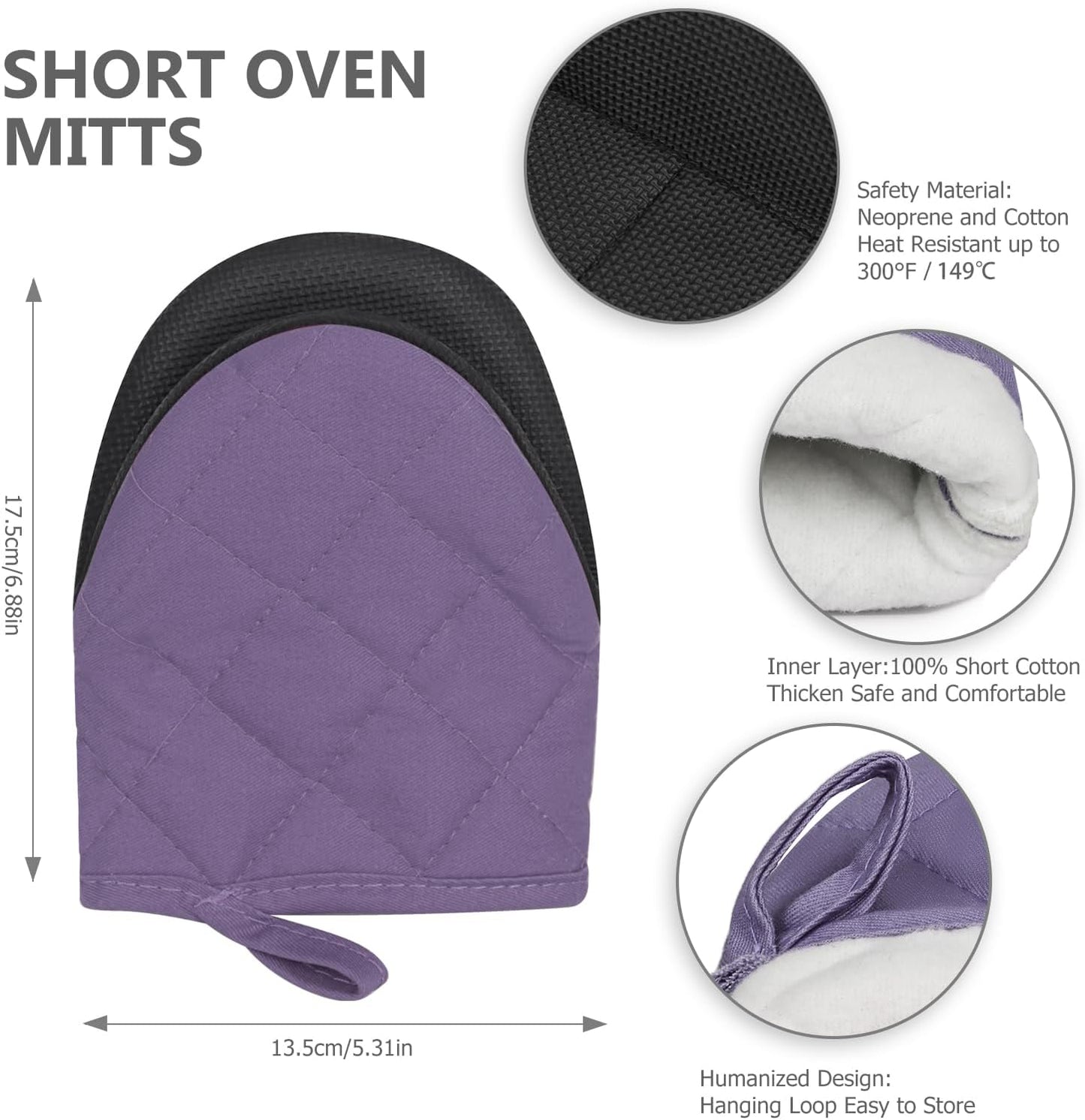 1 Pair Short Oven Mitts - Silicone Kitchen Oven Gloves High Heat Resistant 500℉, Mini Oven Mits with Non-Slip Grip Surfaces and Hanging Loop for BBQ, Baking, Cooking and Grilling (Purple)