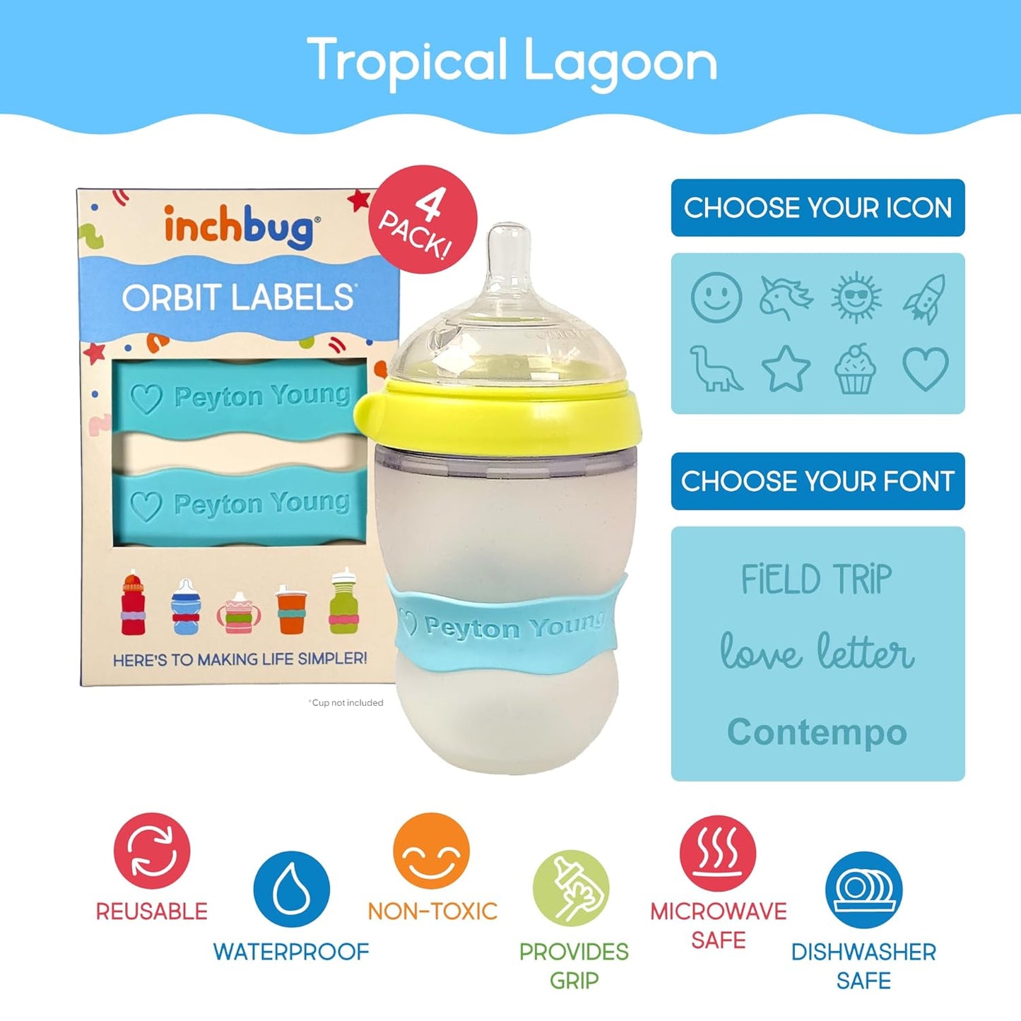 InchBug Orbit Labels - Baby Bottle Name Labels for Daycare, Sippy Cup Bands - Engraved Silicone, Reusable, Dishwasher Safe, Matching Color Personalization, 4-Pack (Tropical Lagoon)