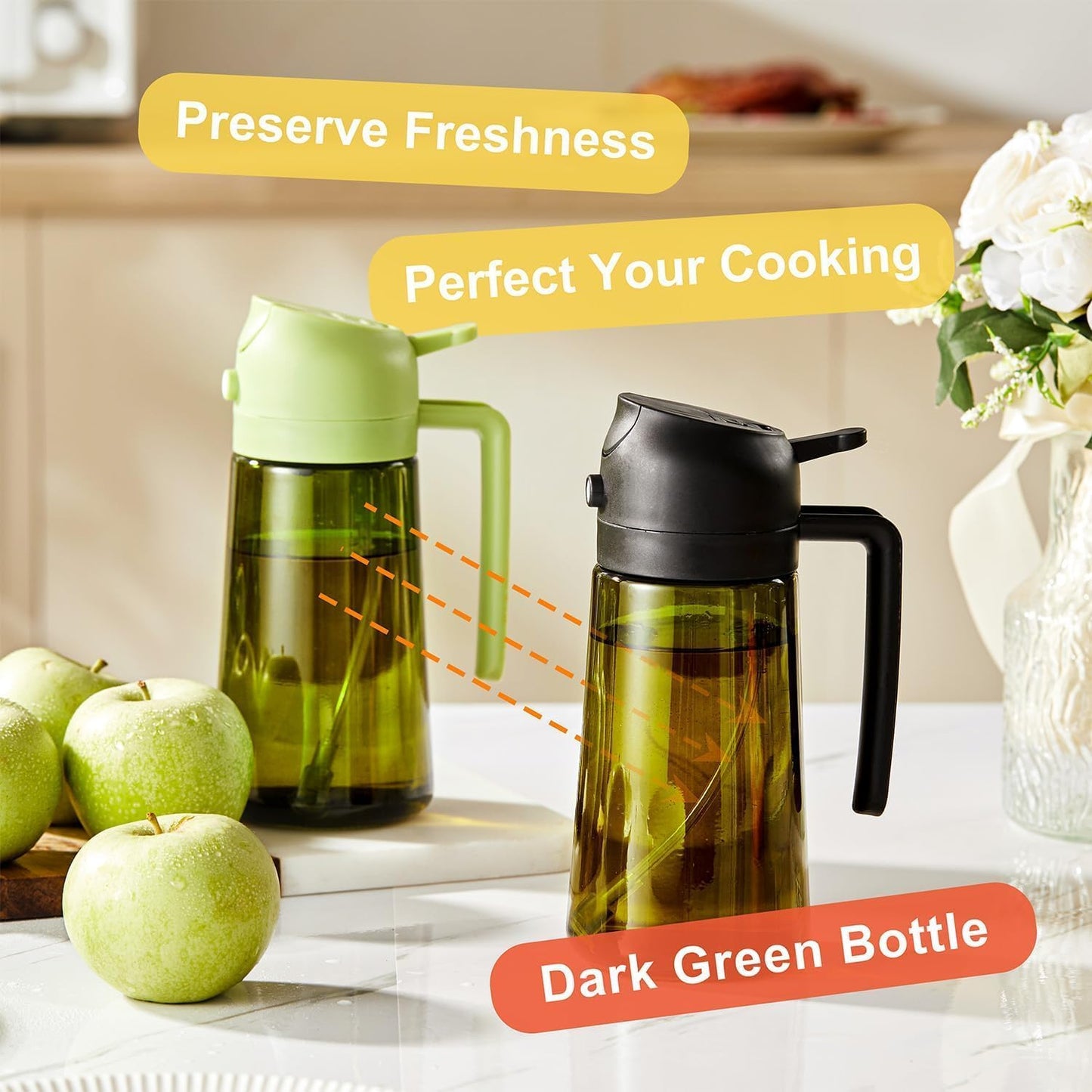 CXINYI - 16oz/470ml Olive Oil Dispenser for Kitchen with Stickers - 2 in 1 Olive Oil Sprayer for Cooking, Air Fryer, and Salad, Black&Blue (Light-Proof Kitchen Gadget)