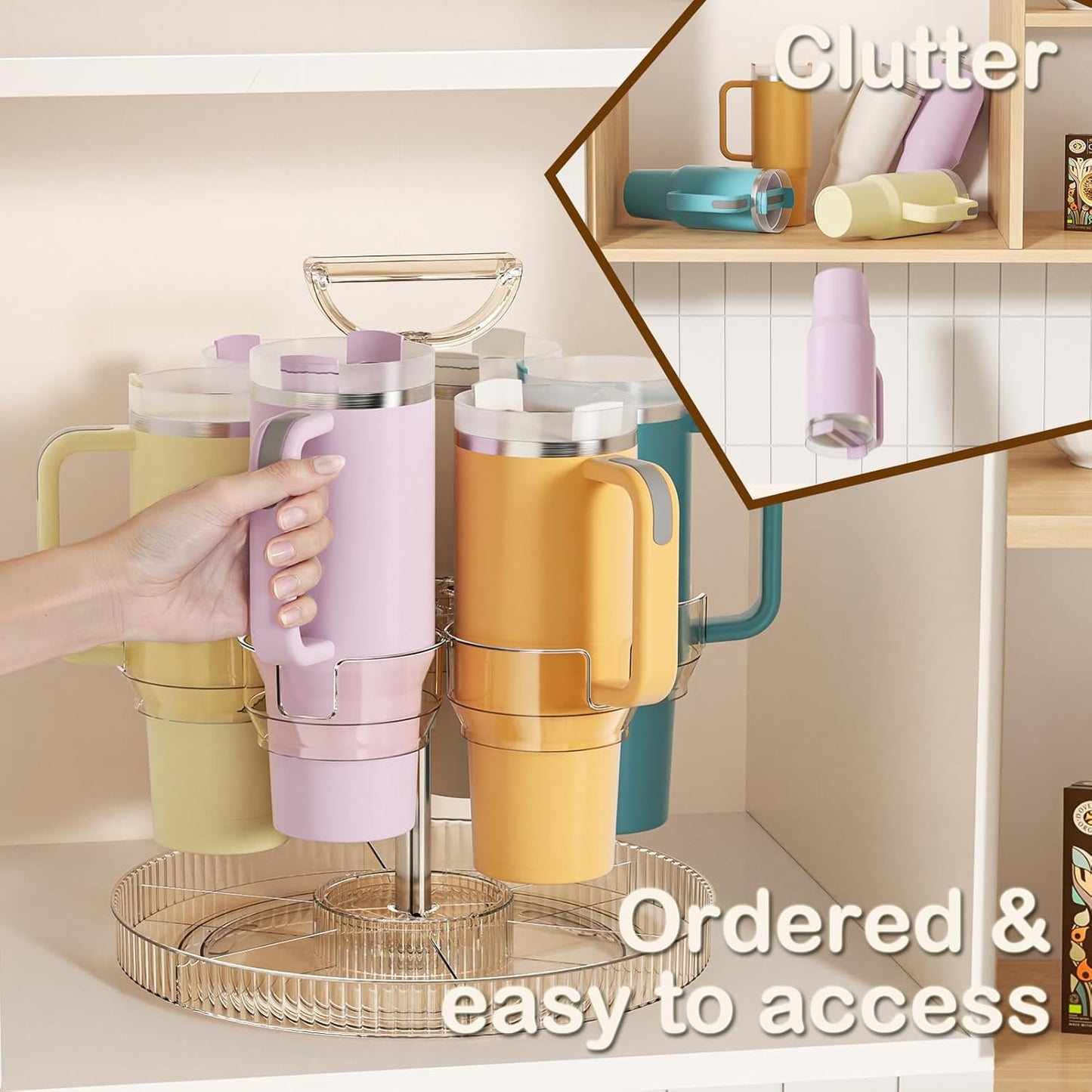 Rotating Stanley Cup Holder, Portable Water Bottle Organizer for 6 Stanley 40 oz & Mug, Adjustable Lazy Susan Organizer for Table Top Cabinet Home Countertop Pantry Shelf Tumbler Lid Organizer