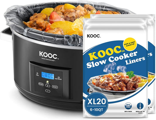 KOOC Slow Cooker Liners 14"x22" 20 Count Extra Large Size Disposable Pot Liners Cooking Bags Fit 6 qt to 10 qt Pot BPA Free Fresh Locking Seal Design