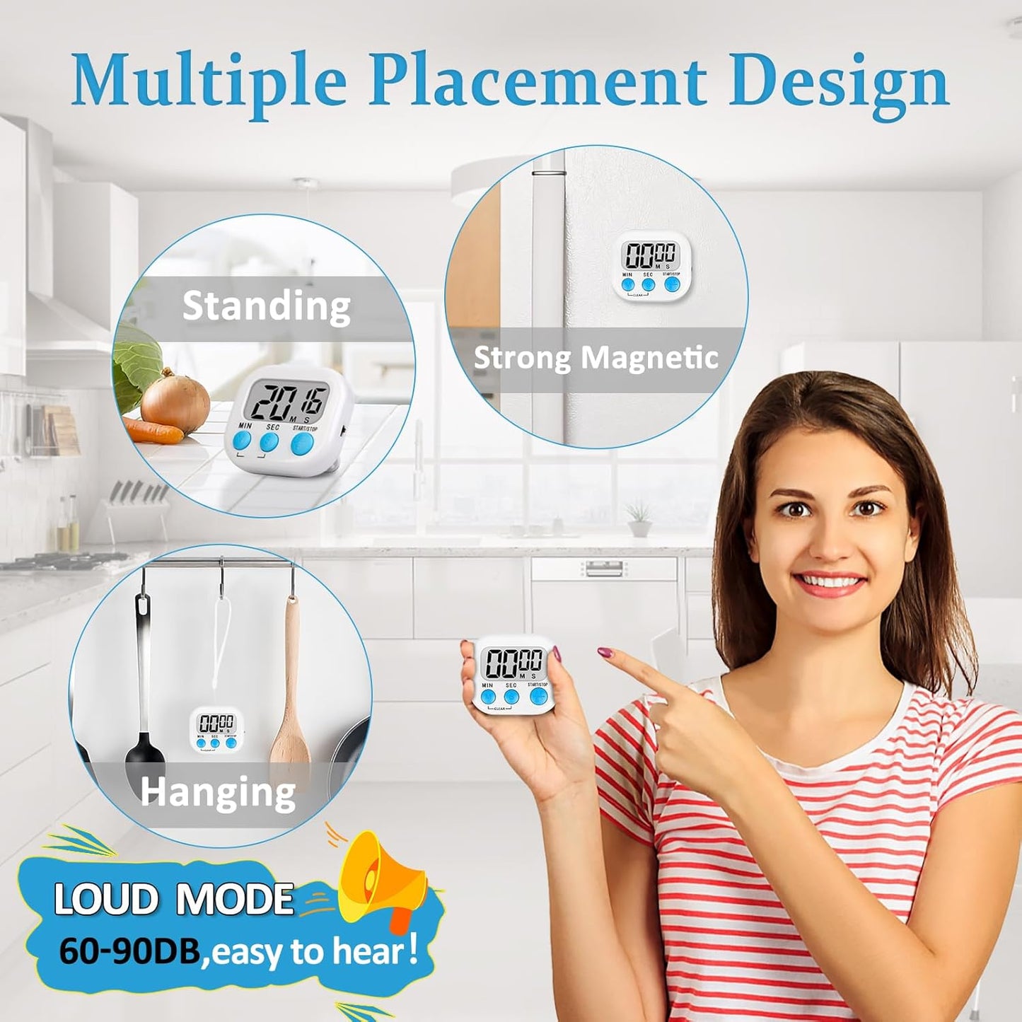 ZILLEEN 12 Pack Kitchen Timers for Cooking Digital Classroom Timers for Kids Teachers White Pink Blue