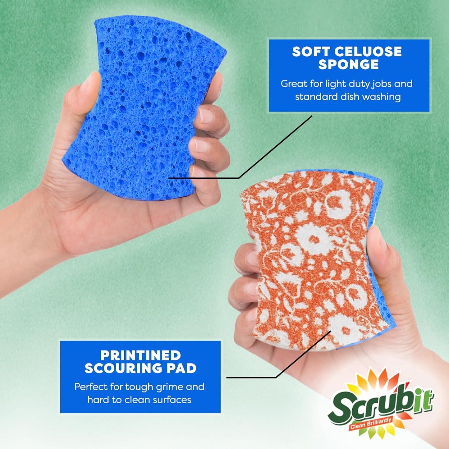SCRUBIT Non-Scratch Cellulose Scrub Sponge - Soft and Easy Grip - Kitchen Sponges for Cleaning - 16-Pack Dual Sided Scrubby Sponges for Pots, Pans, Kitchen, and More